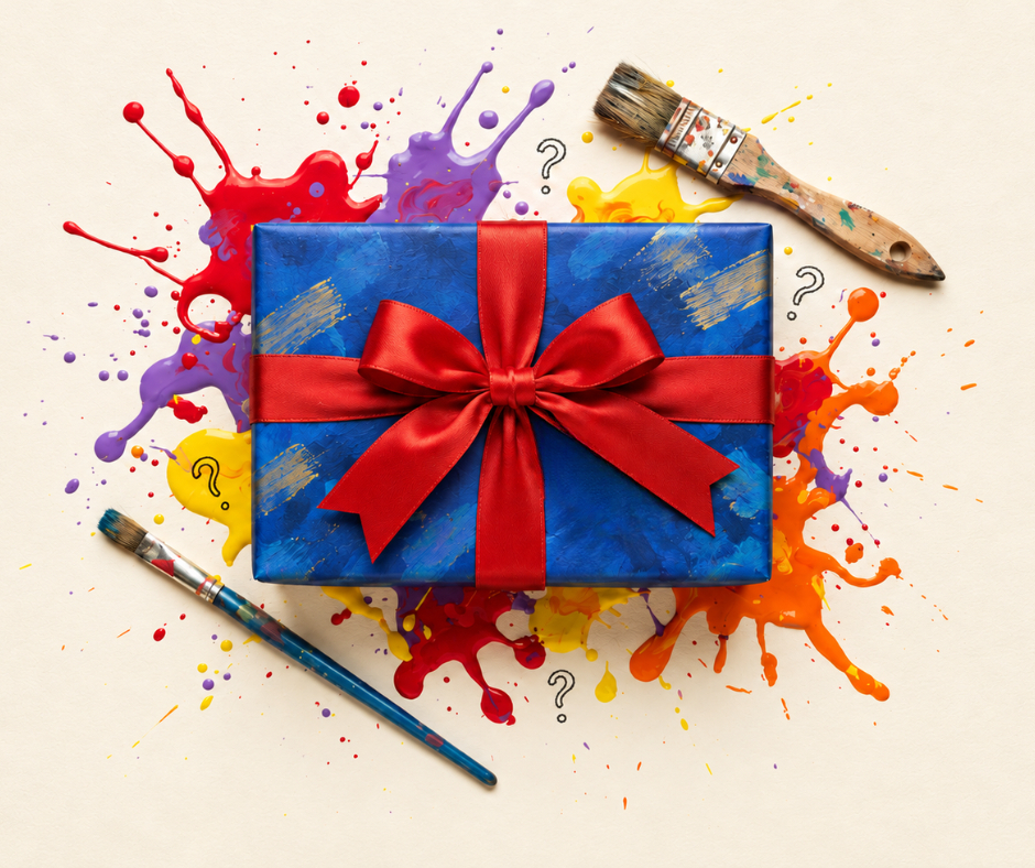 A closed mystery art parcel surrounded by colorful paint splashes and brushes
