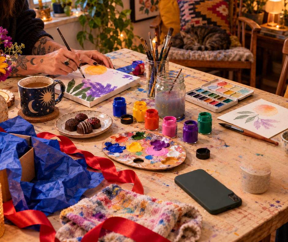 A beautifully wrapped mystery art parcel with colorful paint splashes and brushes