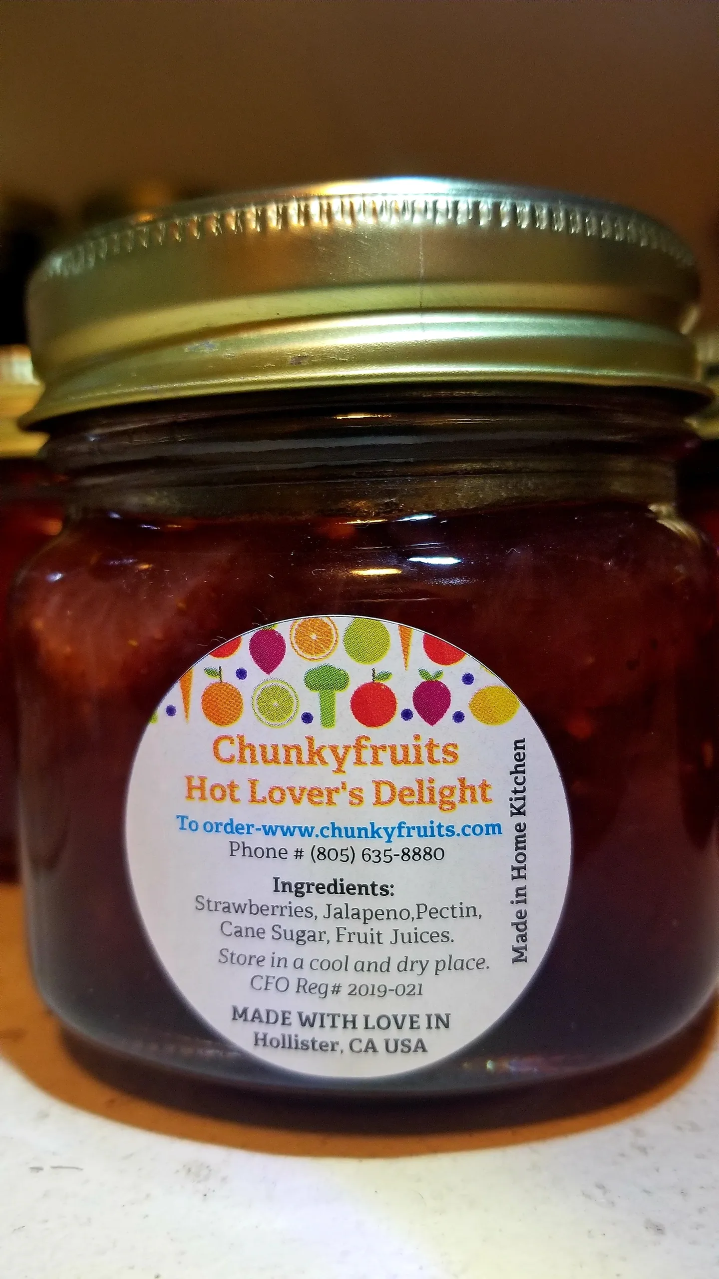 Labeled Hot Lover's Delight strawberry and jalapeño jam jar