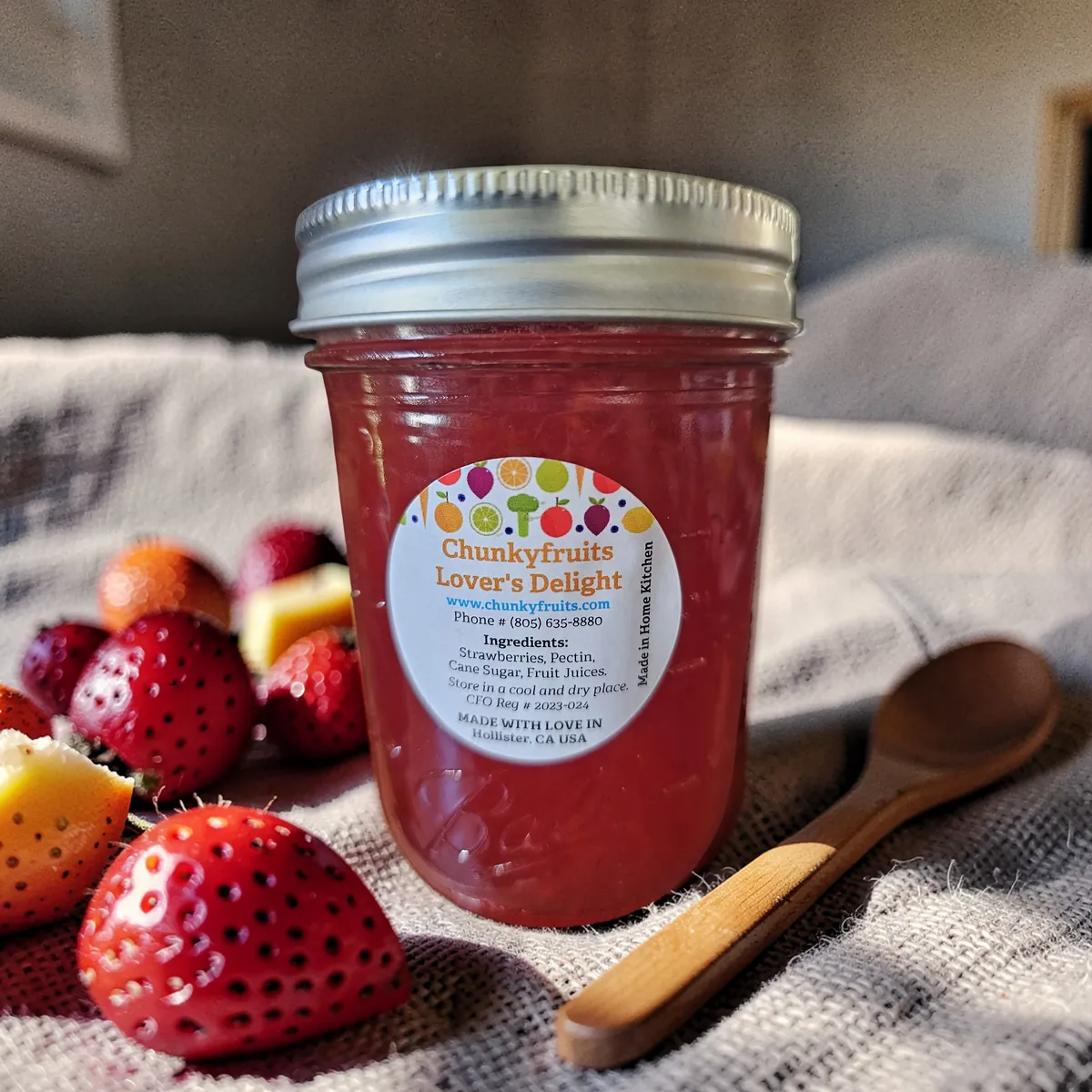 Labeled Lover's Delight strawberry jam jar