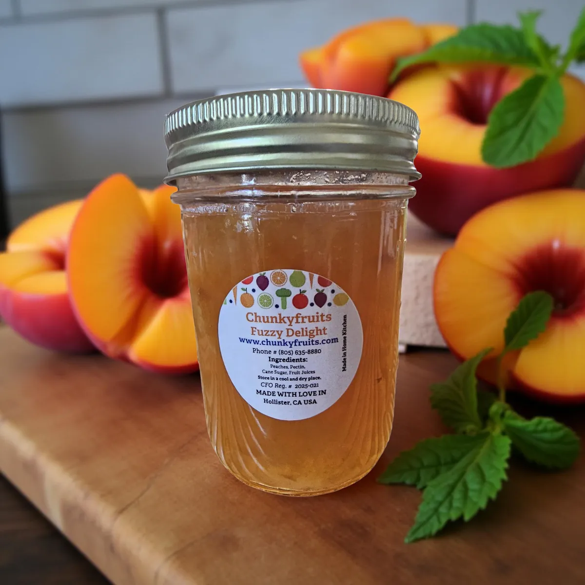 Labeled Fuzzy Delight peach jam jar