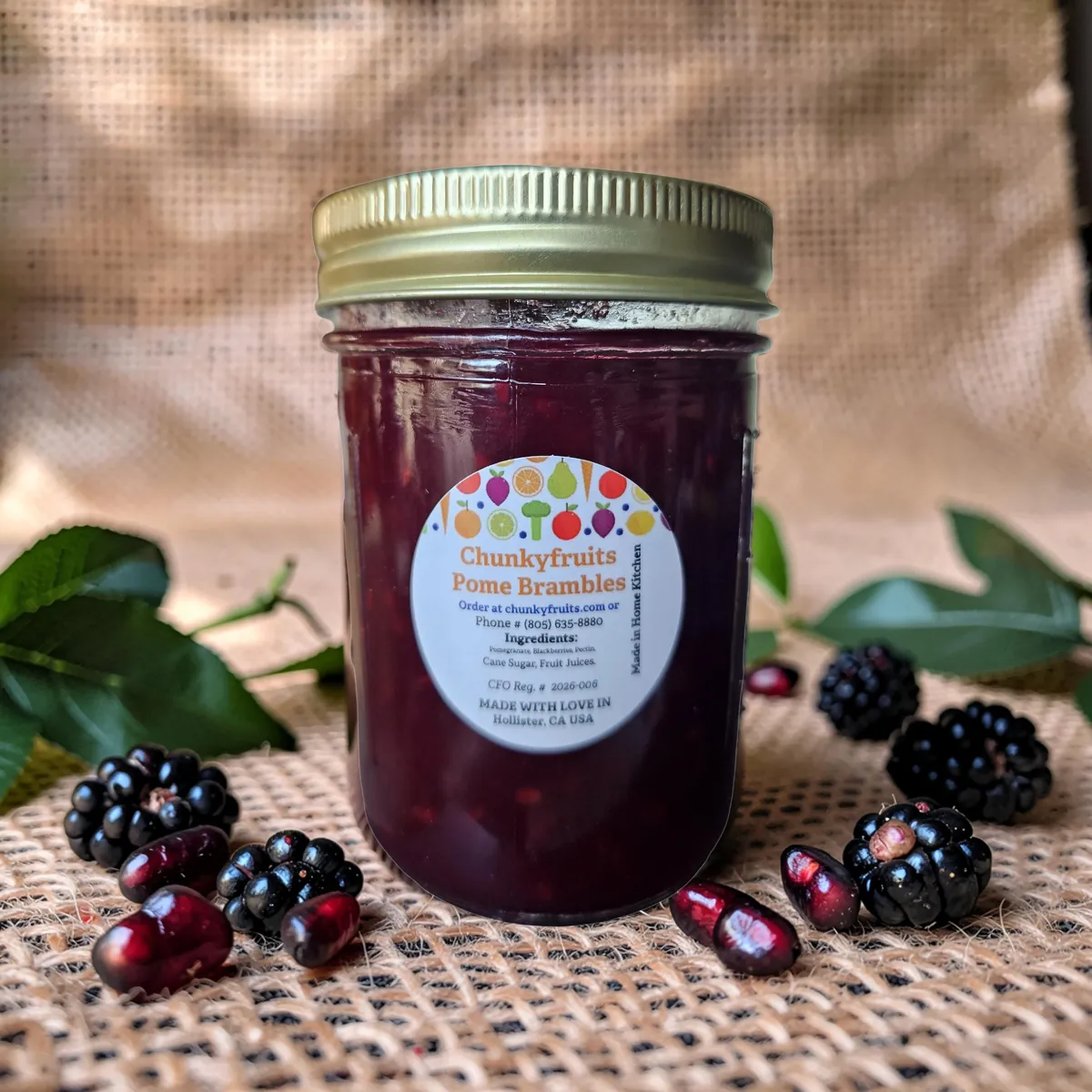 Labeled Pome Brambles blackberry and pomegranate jam jar