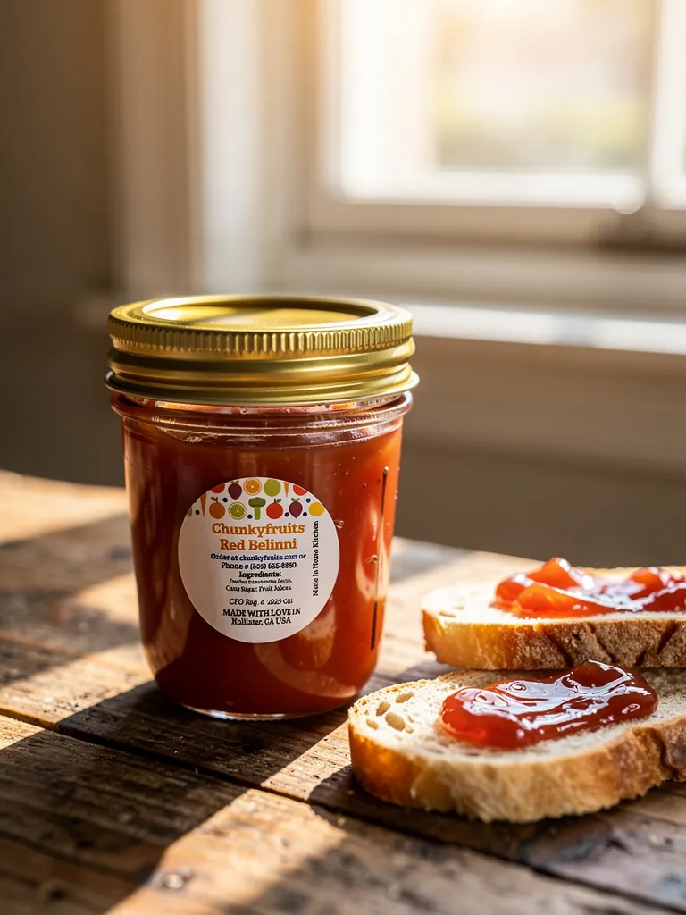 Labeled Red Bellini strawberry and peach jam jar