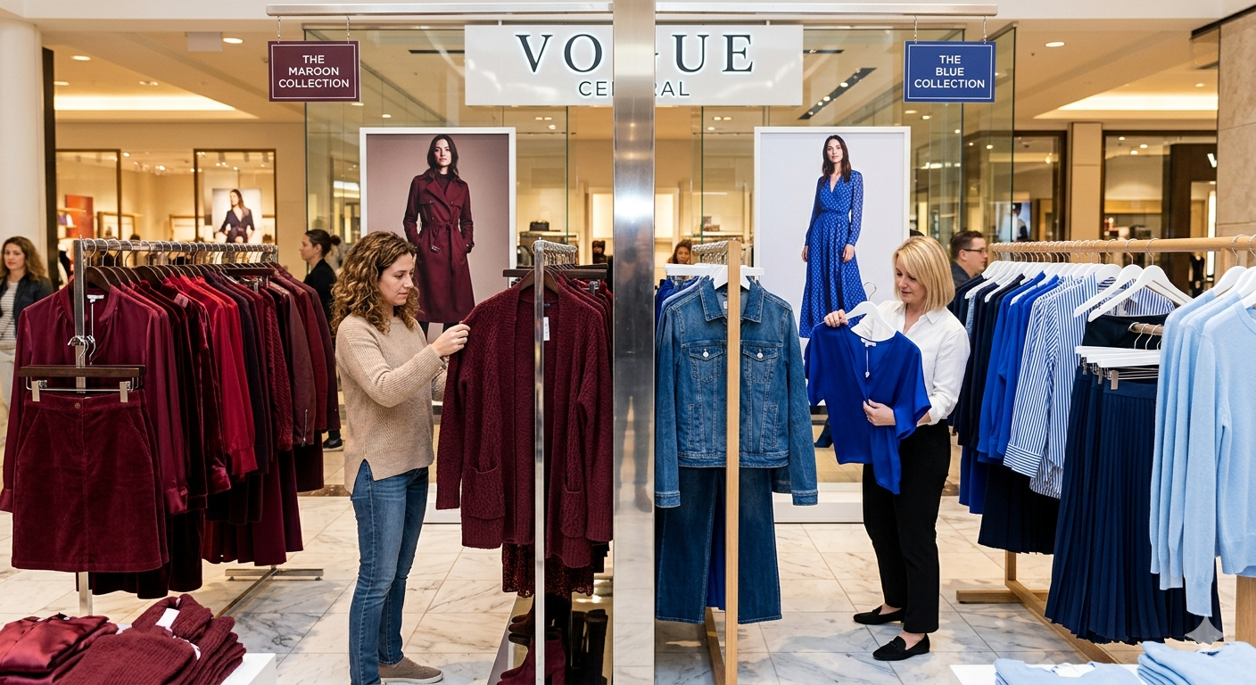 Women in clothing store with maroon and blue dress collections on opposite sides.