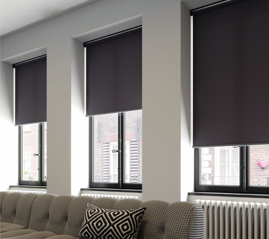 Dark grey made to measure roller blinds on three tall living room windows, Eclipse SBC serving Retford