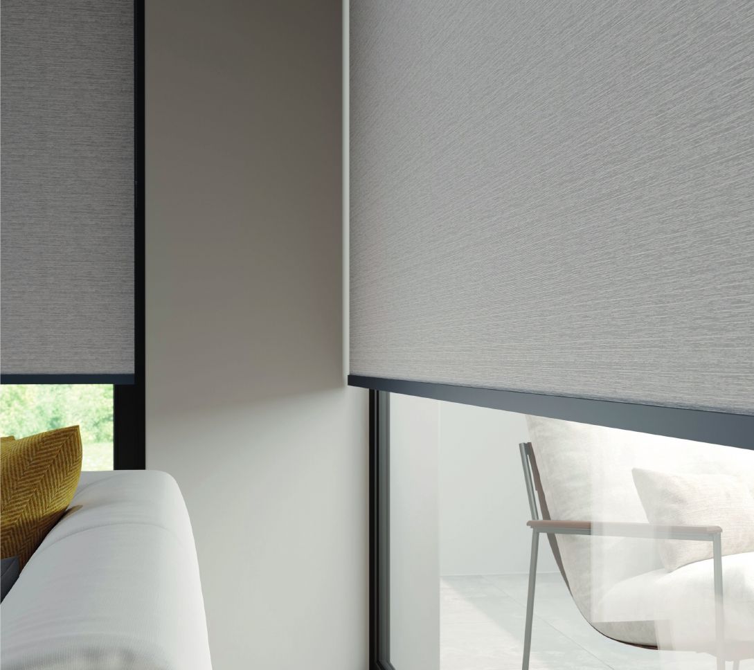 Grey made to measure roller blinds with slim anthracite bottom bars, Eclipse SBC serving Newark