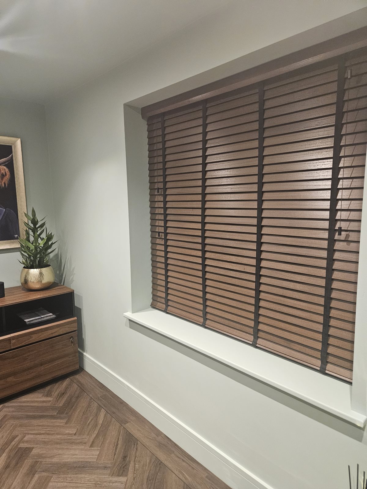 Wide walnut Venetian blinds with black tapes on a large office window near Bawtry, fitted by Eclipse SBC Wide walnut Venetian blinds with black tapes on a large office window near Bawtry, fitted by Eclipse SBC