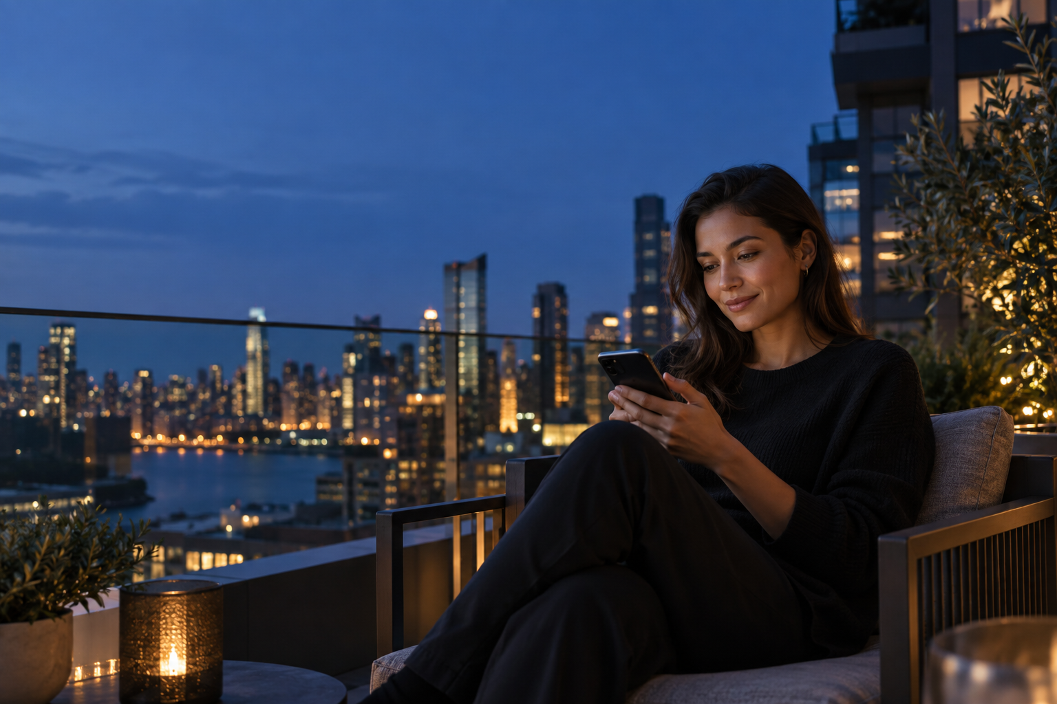 A woman using her phone during a quiet evening on a terrace
