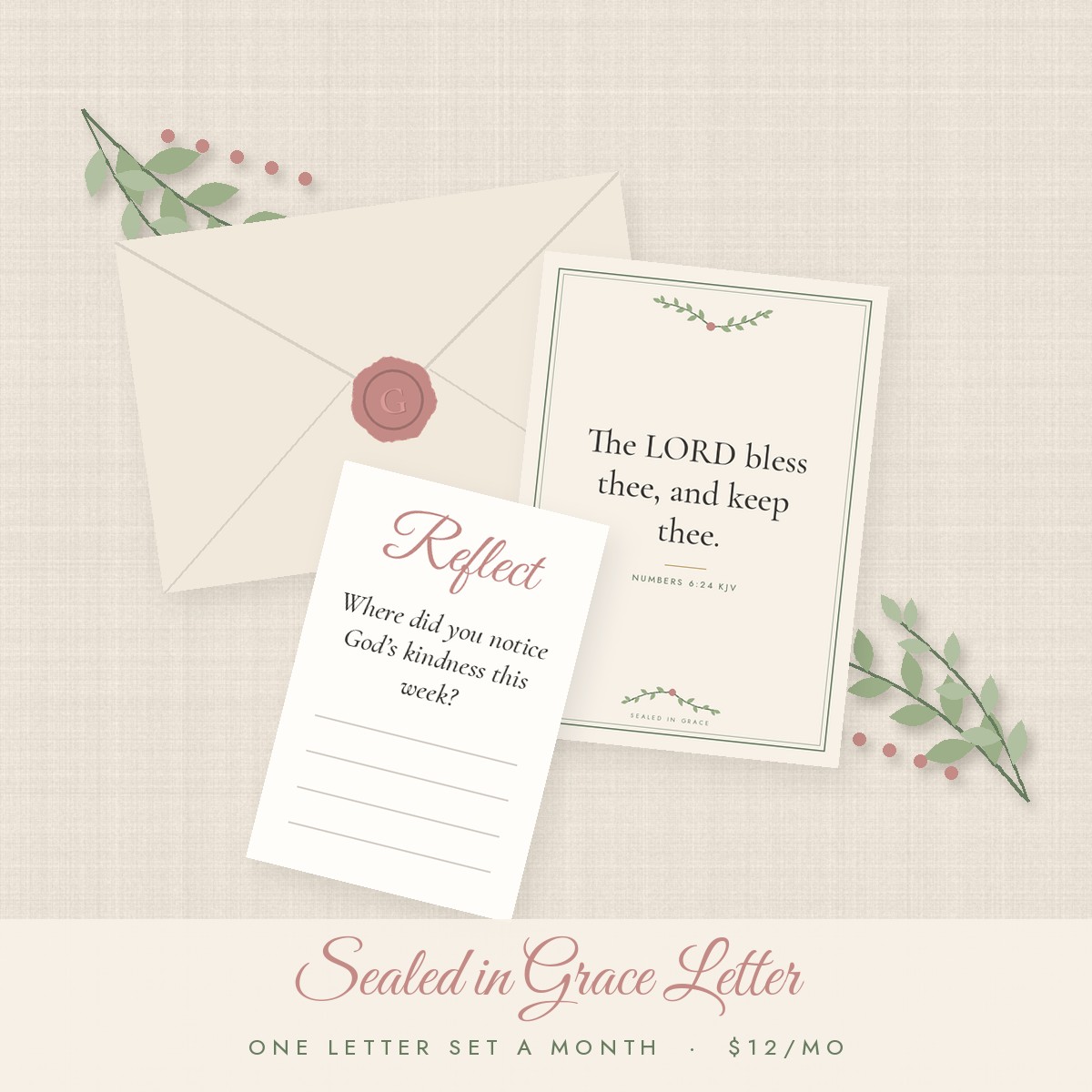 Sealed in Grace devotional letter with wax-sealed envelope and scripture card
