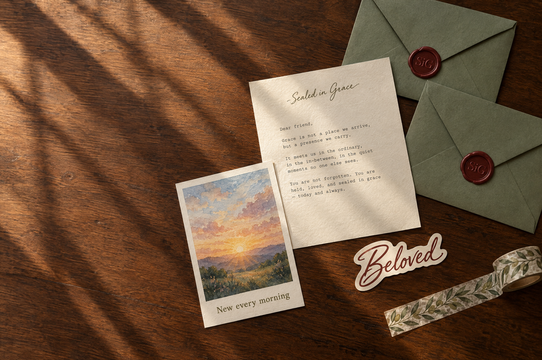 Sealed in Grace devotional letter with wax-sealed envelope and scripture card