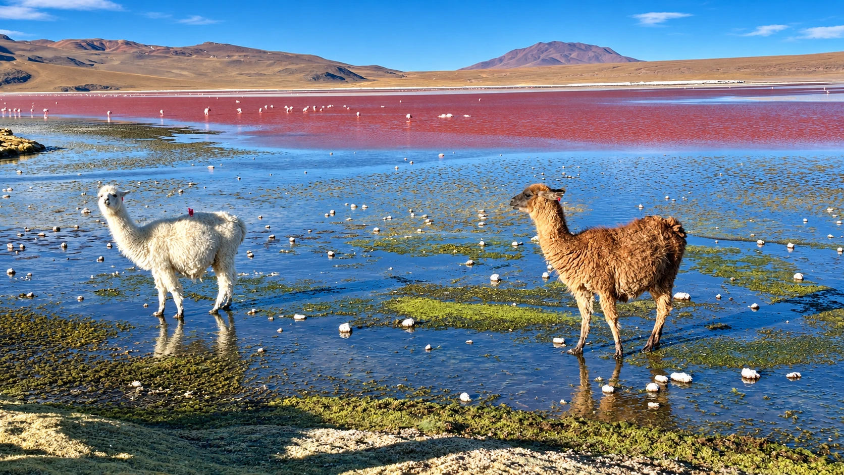 Llama junto a una laguna del altiplano boliviano
