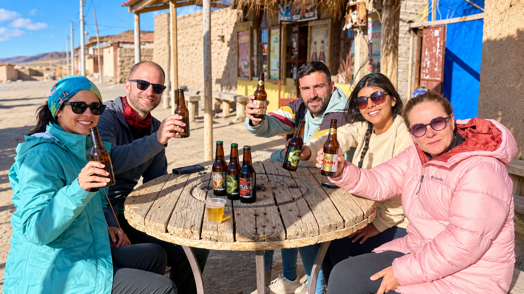 Grupo de viajeros Tekoveté brindando y compartiendo una comida durante el viaje