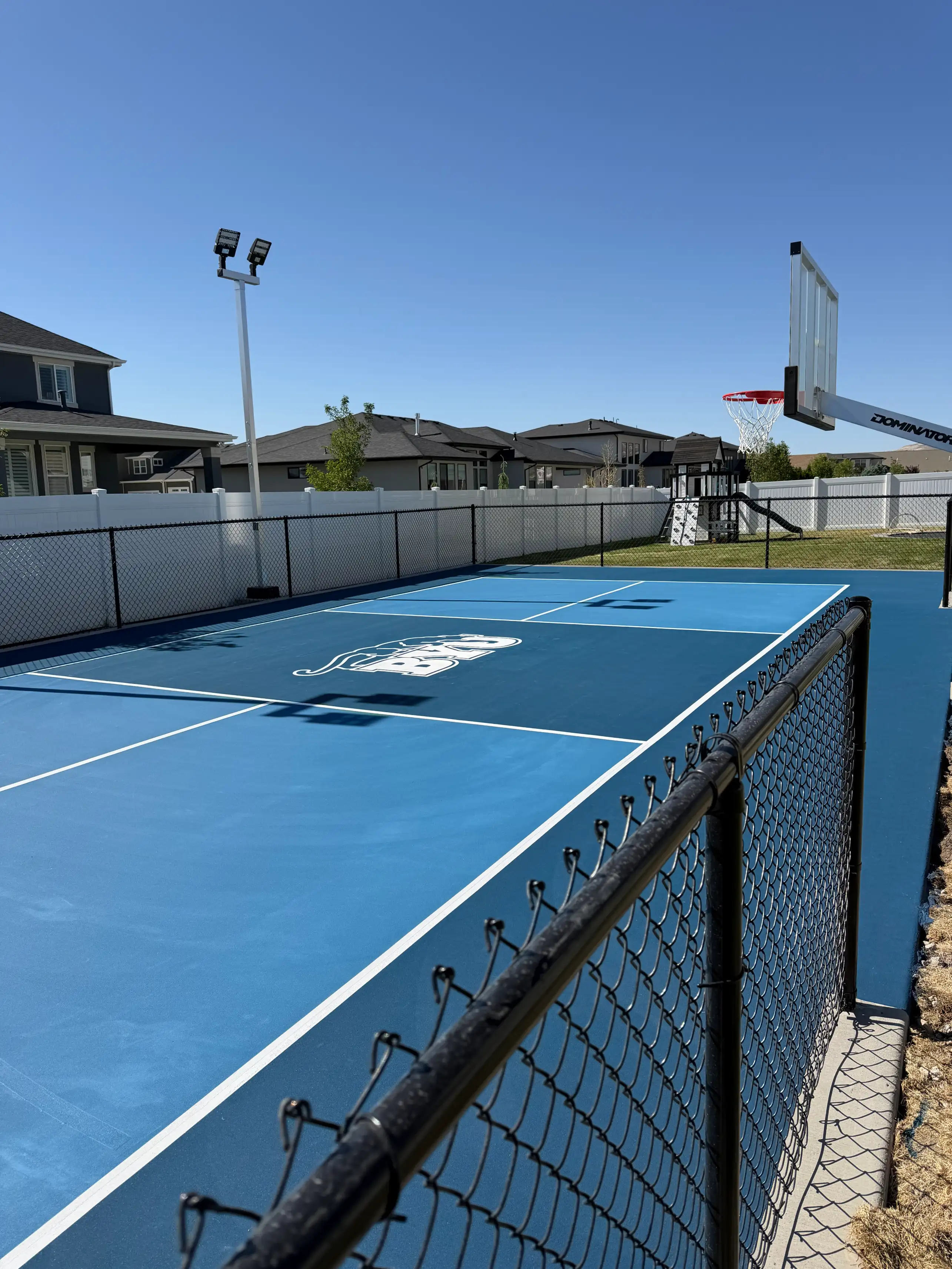 Blue pickleball multicourt with custom mascot logo and court lights