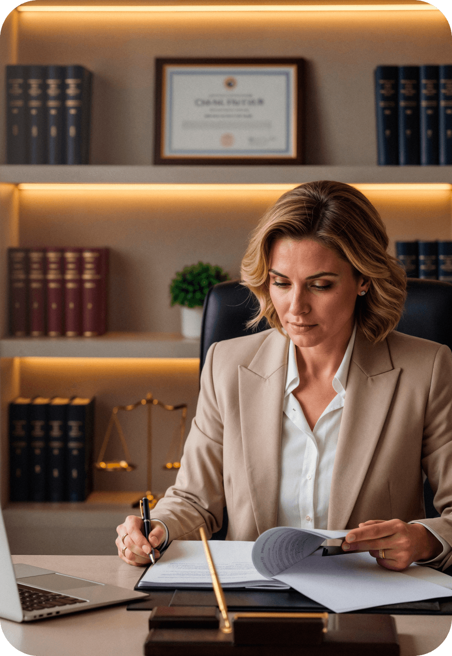 Elegant editorial aesthetic with charcoal and rich amber tones. A quiet executive office vignette with a walnut desk, neatly stacked legal papers, a fountain pen, and softly lit shelves of binders in deep forest, warm cream, and terracotta tones. Classic editorial photography style with restrained composition and generous negative space. No text or letters in the image.