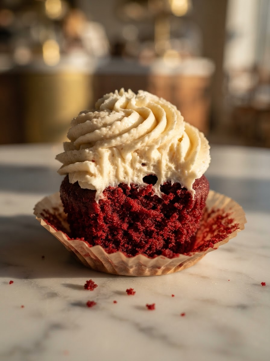 Red velvet cupcake topped with cream frosting