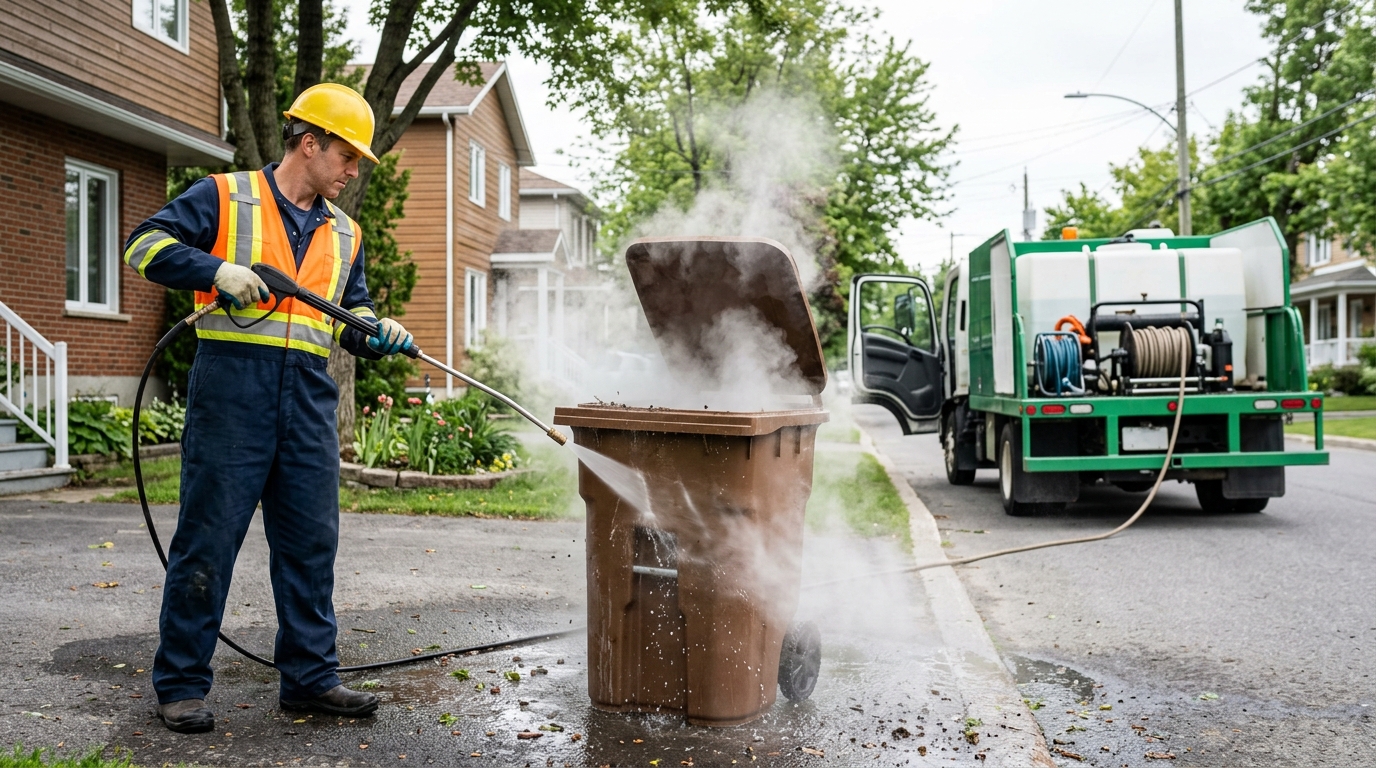 Nettoyage professionnel d’un bac brun à eau chaude haute pression