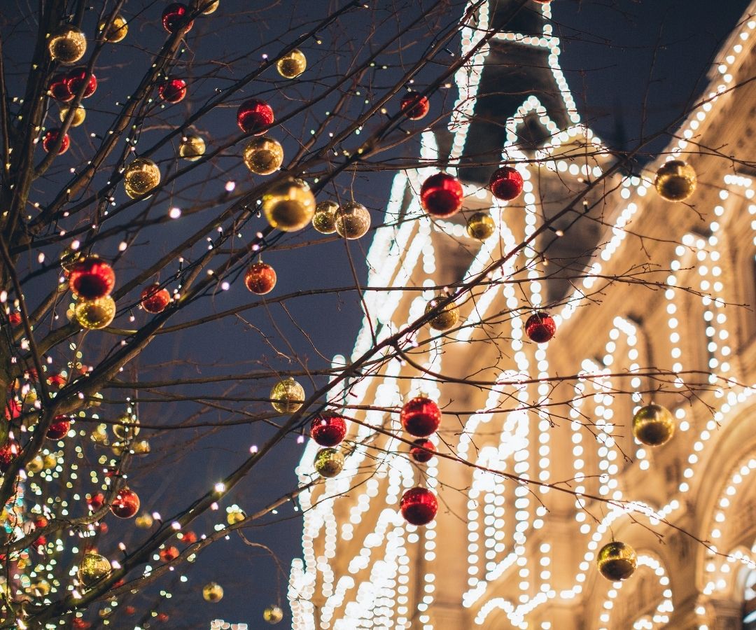 Commercial Christmas lighting display with ornaments and string lights - Golden Glow Christmas Lights NJ