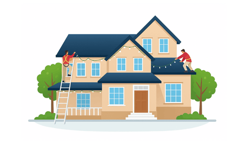 Professional Christmas light installation service truck and crew at residential home New Jersey