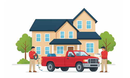 Professional Christmas light installation service truck and crew at residential home New Jersey