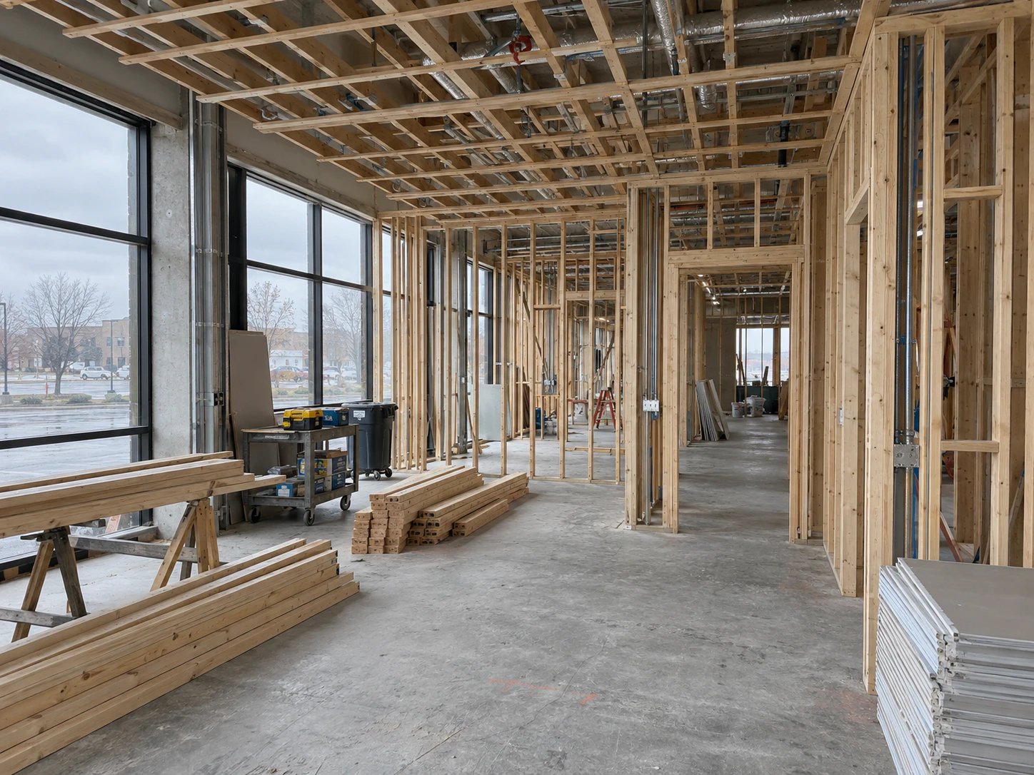 Wood framing in place before interior finishing begins
