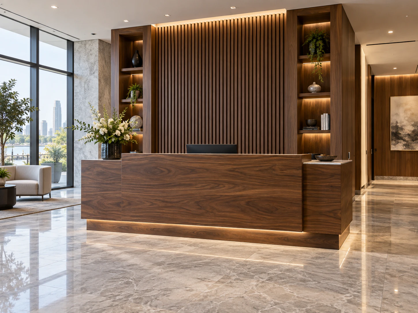 Commercial reception area finished with wood panelling and built-in shelving