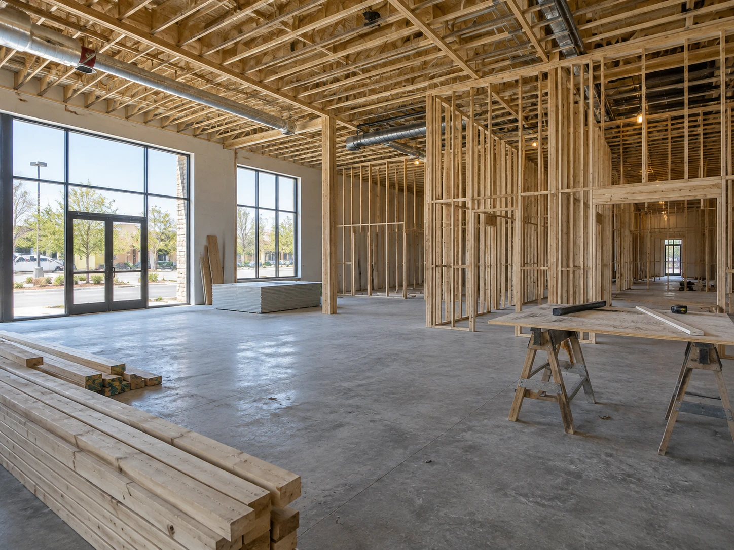 Commercial interior framed out during a property improvement