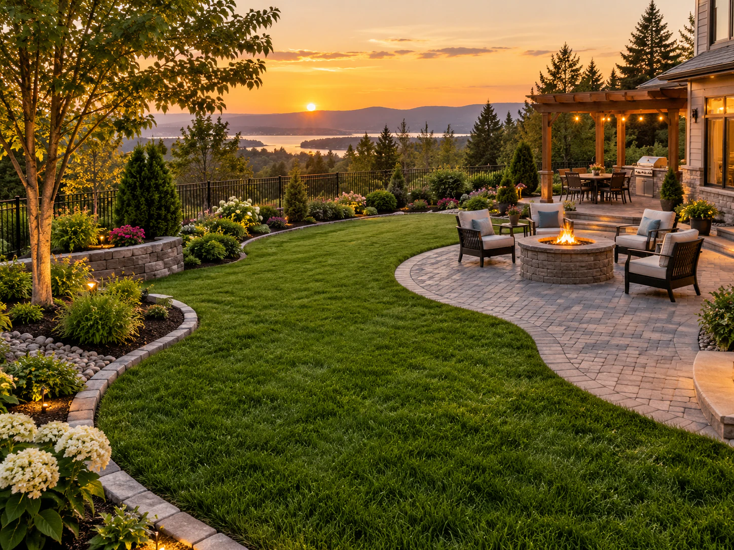Backyard paver patio with fire pit seating beside a curved lawn at sunset