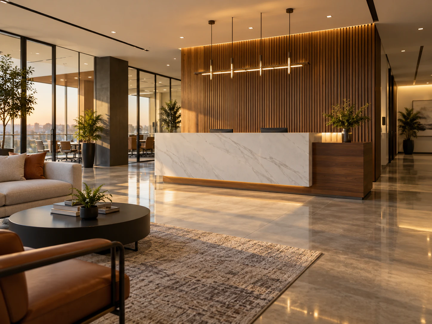 Commercial lobby with a reception desk, seating area and wood-slat wall