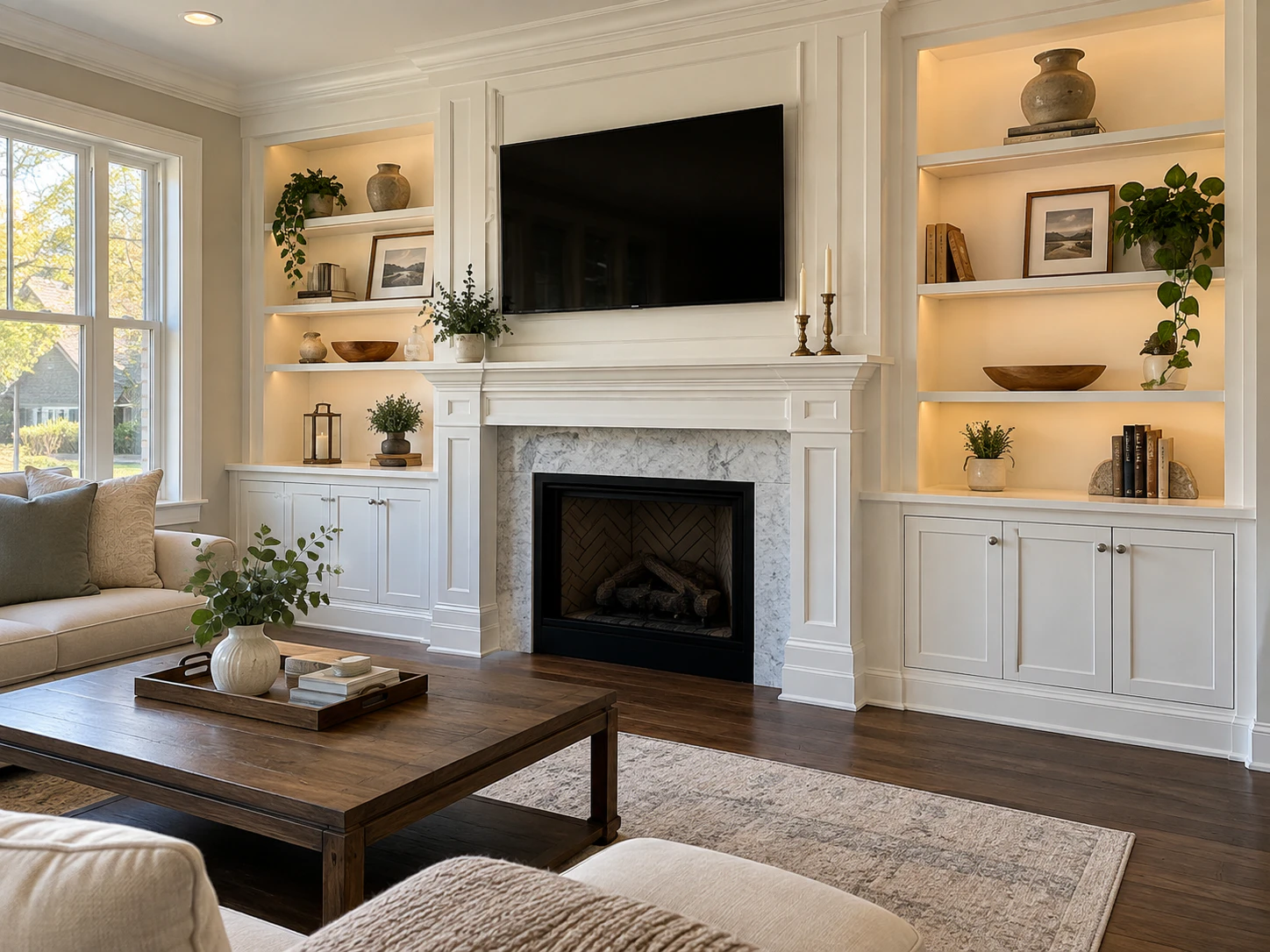 Living room with a fireplace framed by built-in shelving and cabinetry