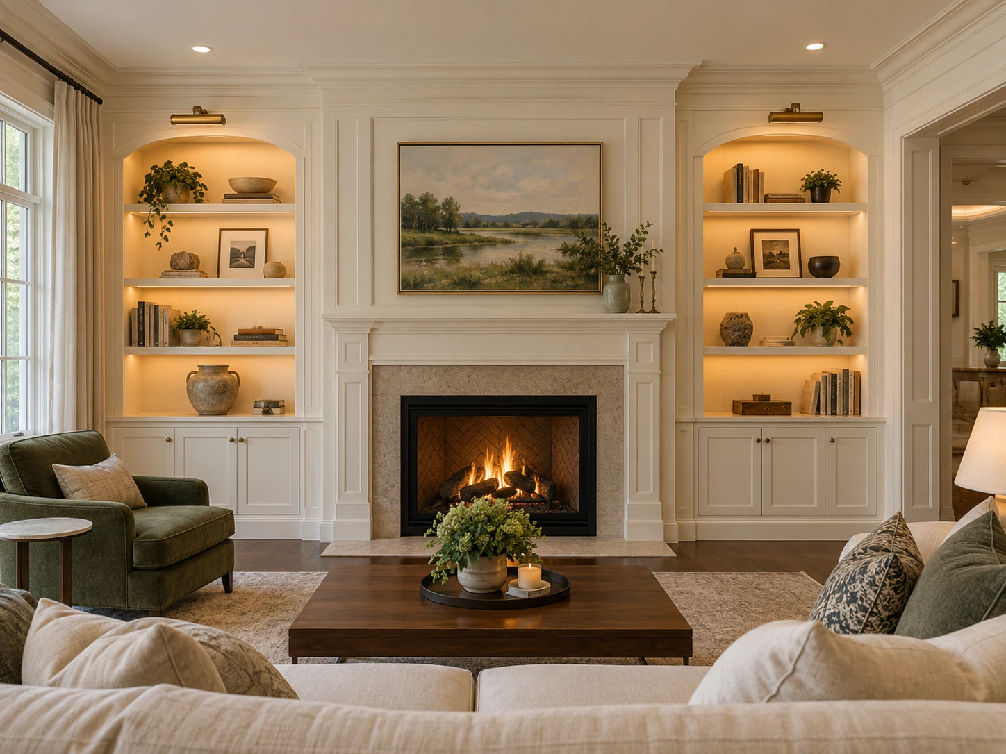 Living room with a fireplace and lit built-in shelving on both sides
