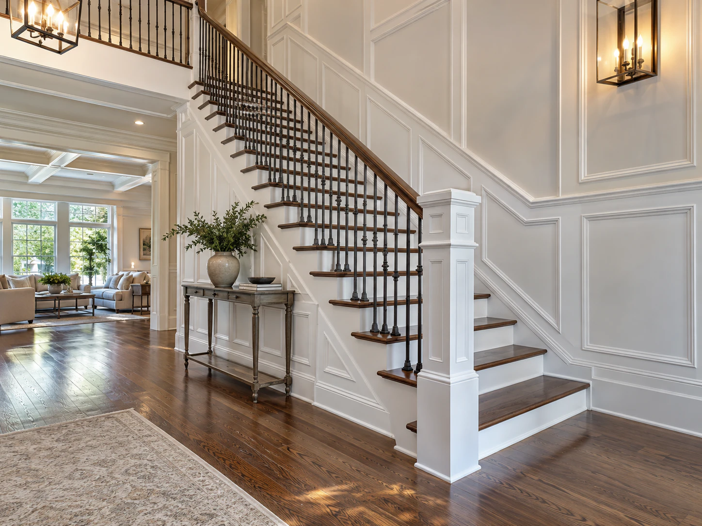 Interior staircase with white millwork, railing and wall paneling