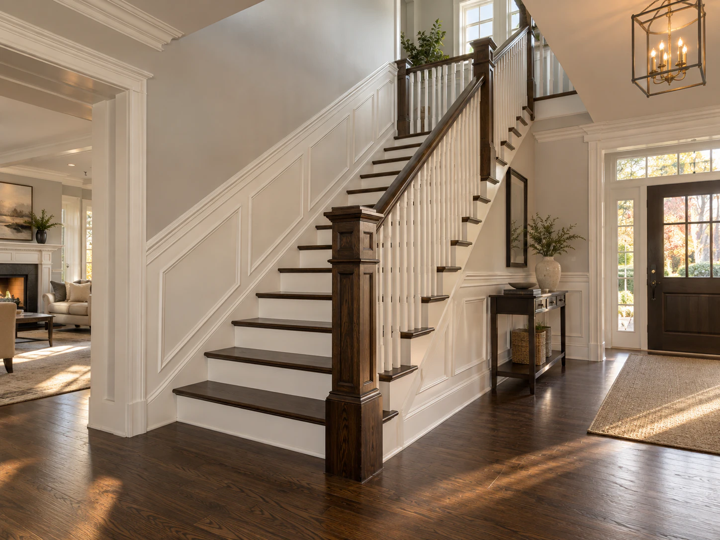 Entry hall with a wood staircase, paneled walls and hardwood flooring