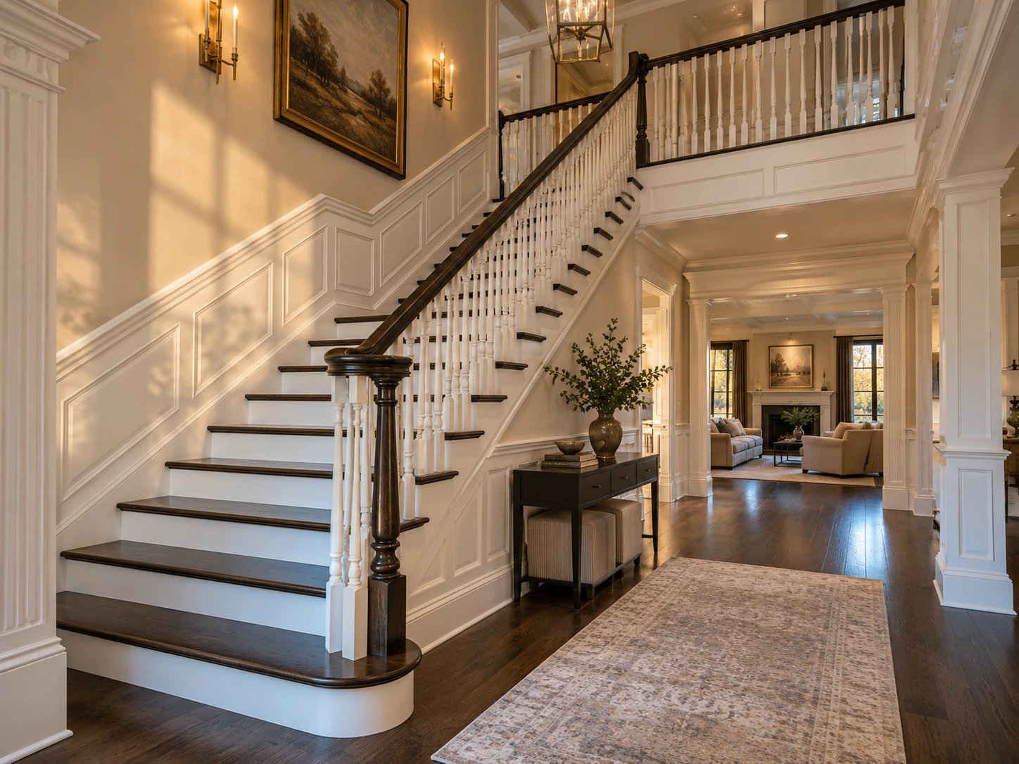 Entry hall with a staircase, upper landing and detailed wood trim