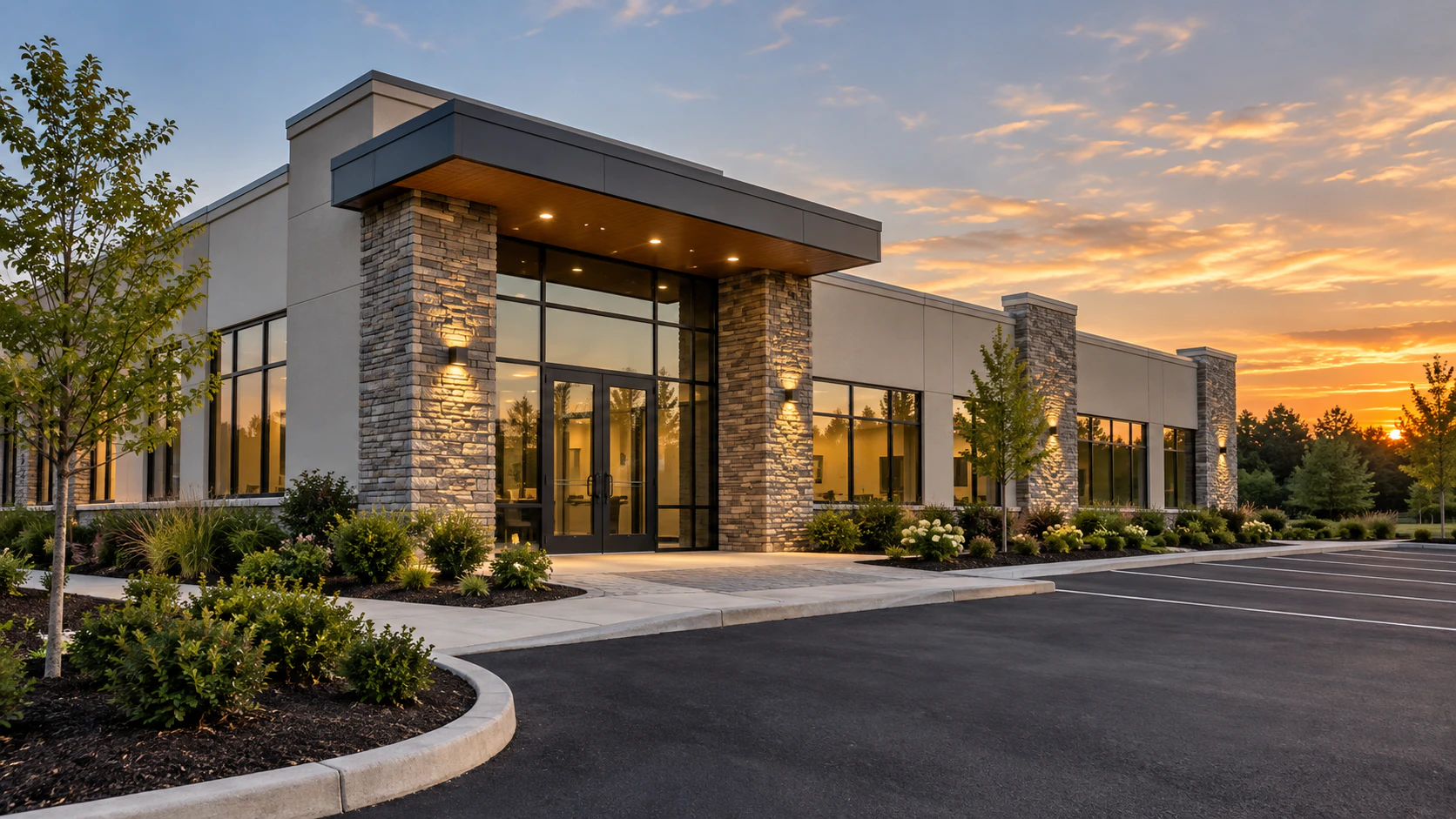 Commercial building exterior with planted beds at dusk