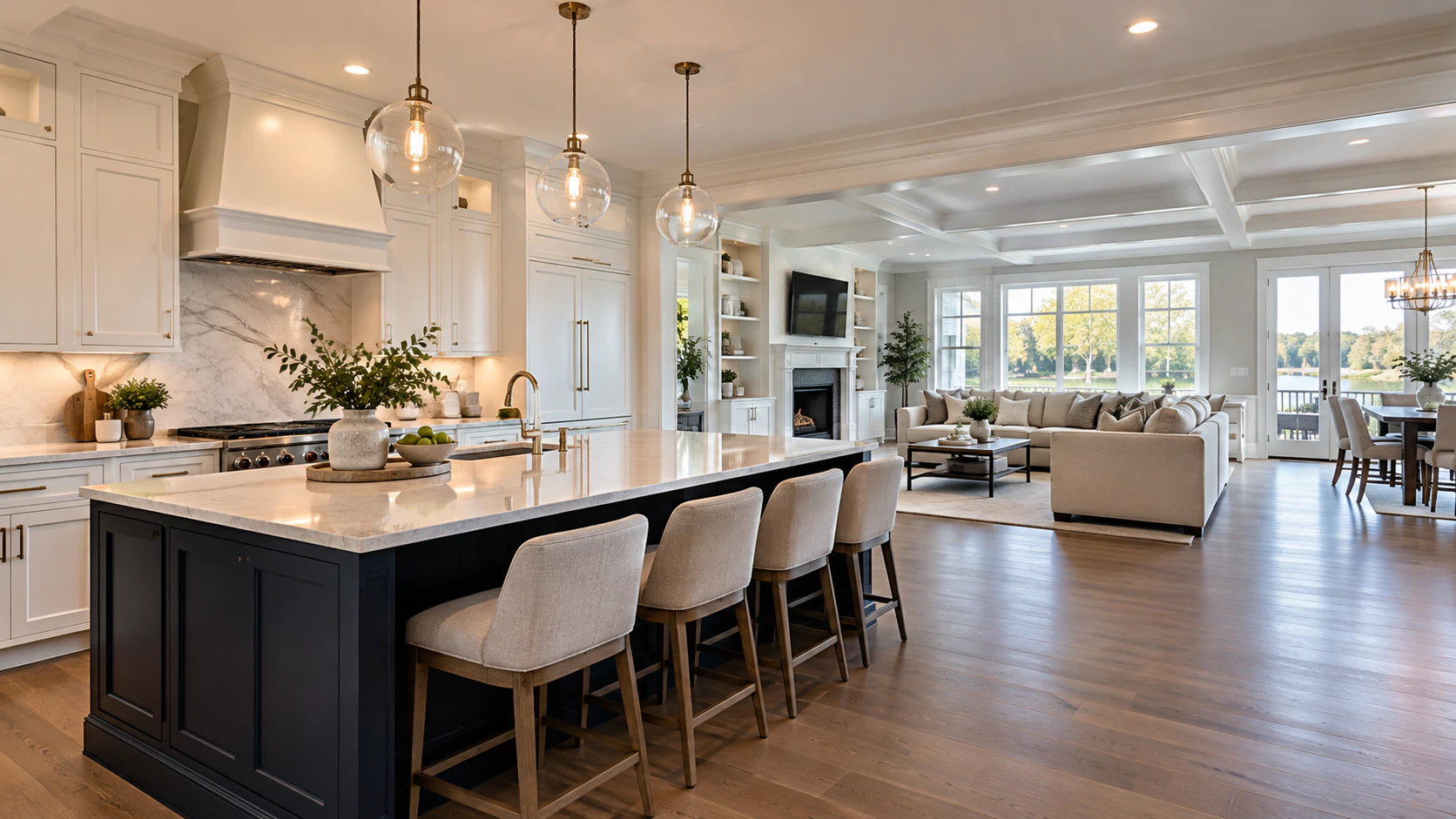 Open kitchen and living area after a completed interior project