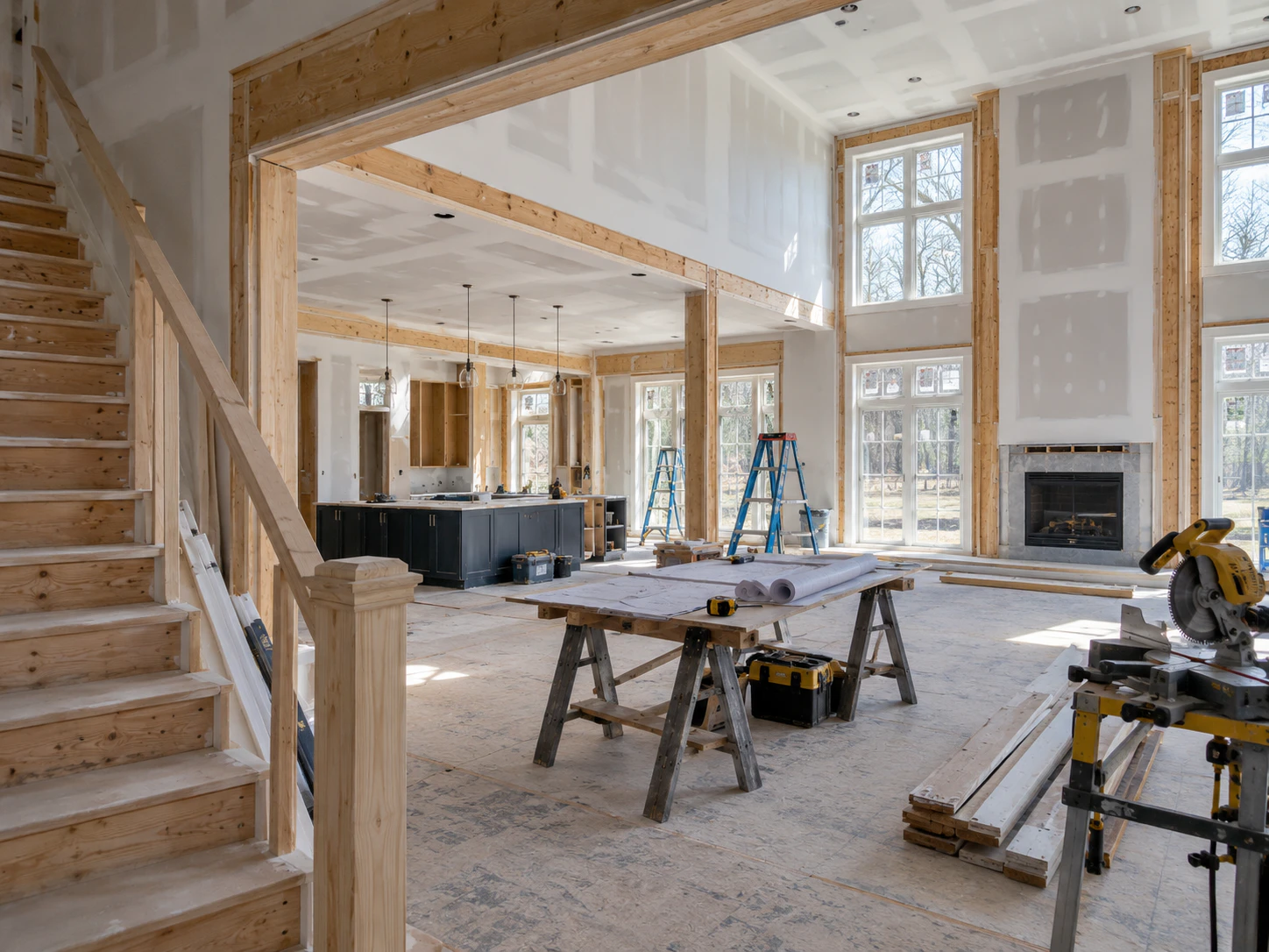 Interior under construction beside a finished staircase