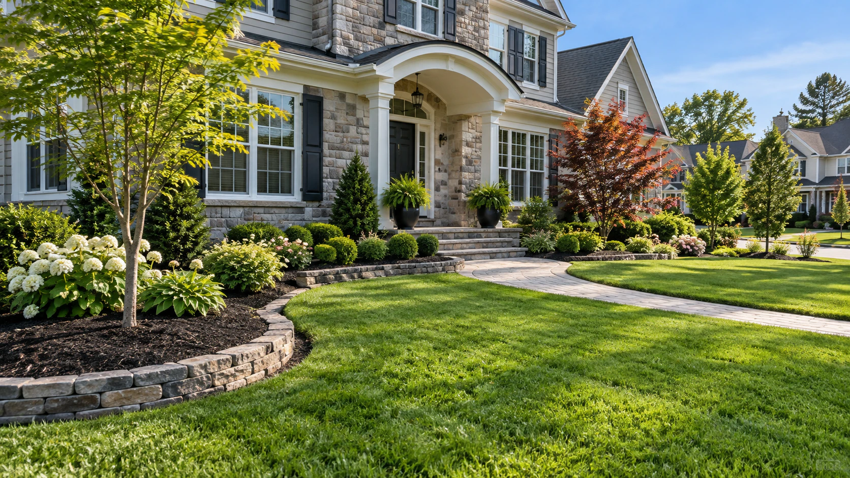 Front yard with planted beds, shrubs and a maintained lawn
