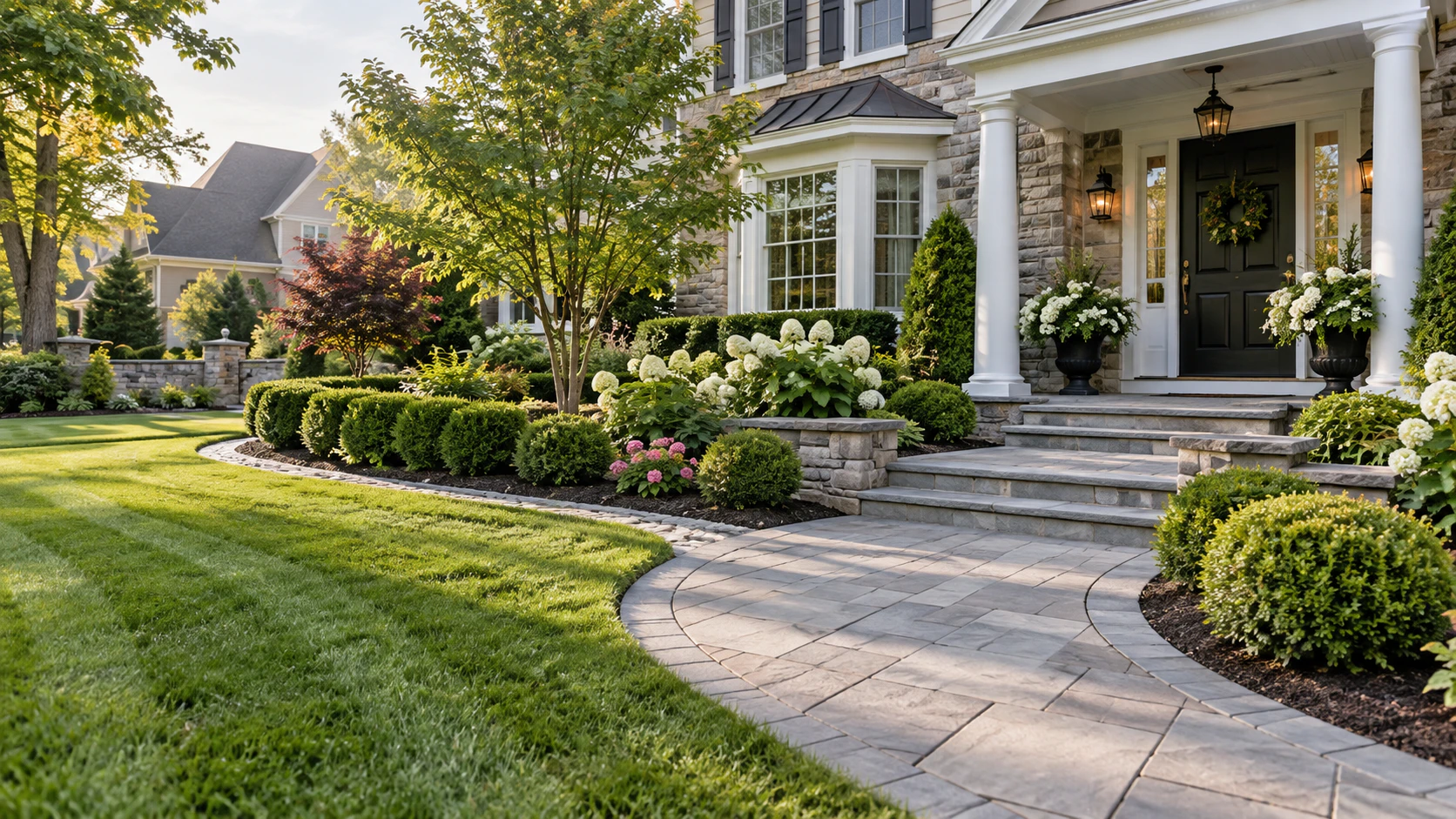 Curved front walkway through a maintained lawn and planted beds