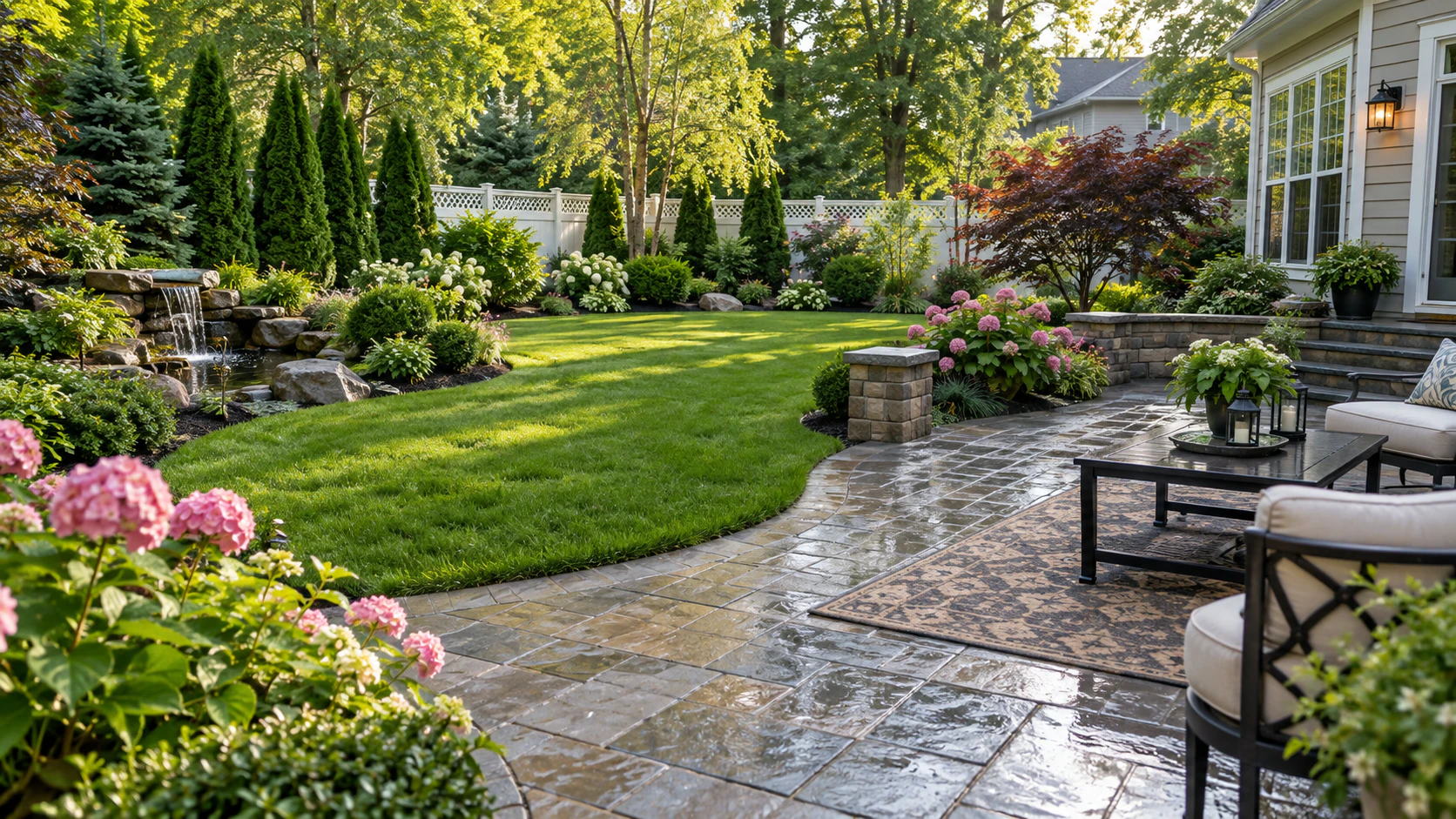 Landscaped garden path leading to a patio seating area