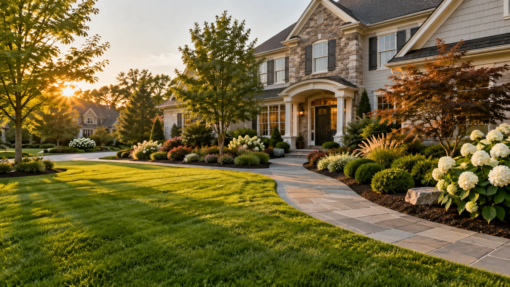 Home framed by a landscaped lawn and planted borders at sunset