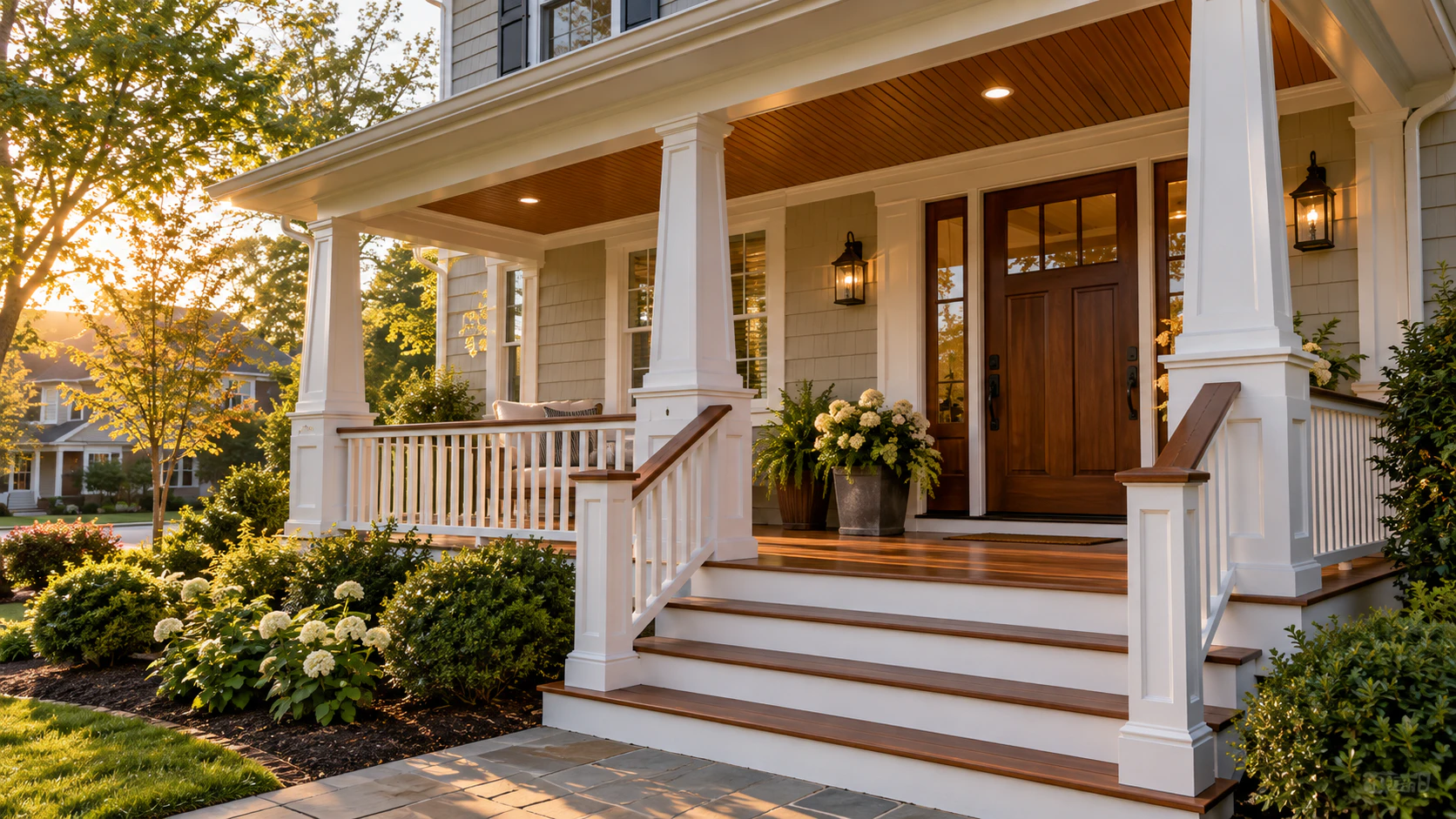 Covered porch entry with columns, steps and a wood door