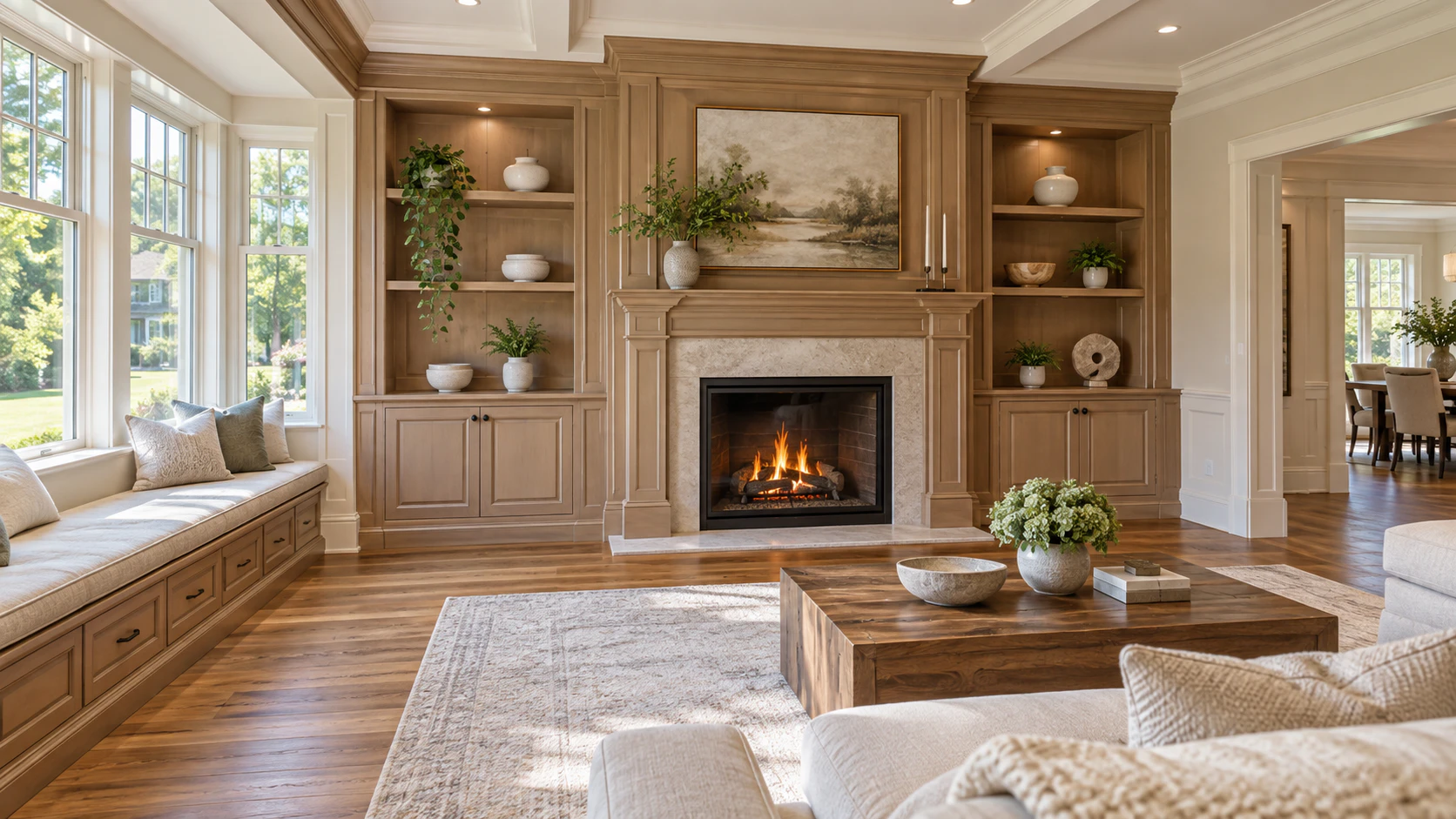 Living room with a fireplace framed by built-in shelving