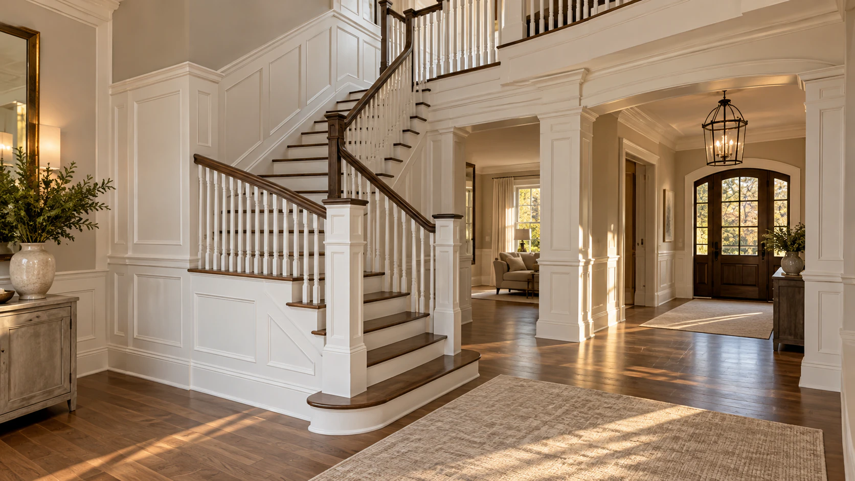 Entry hall with a staircase, white millwork and hardwood flooring