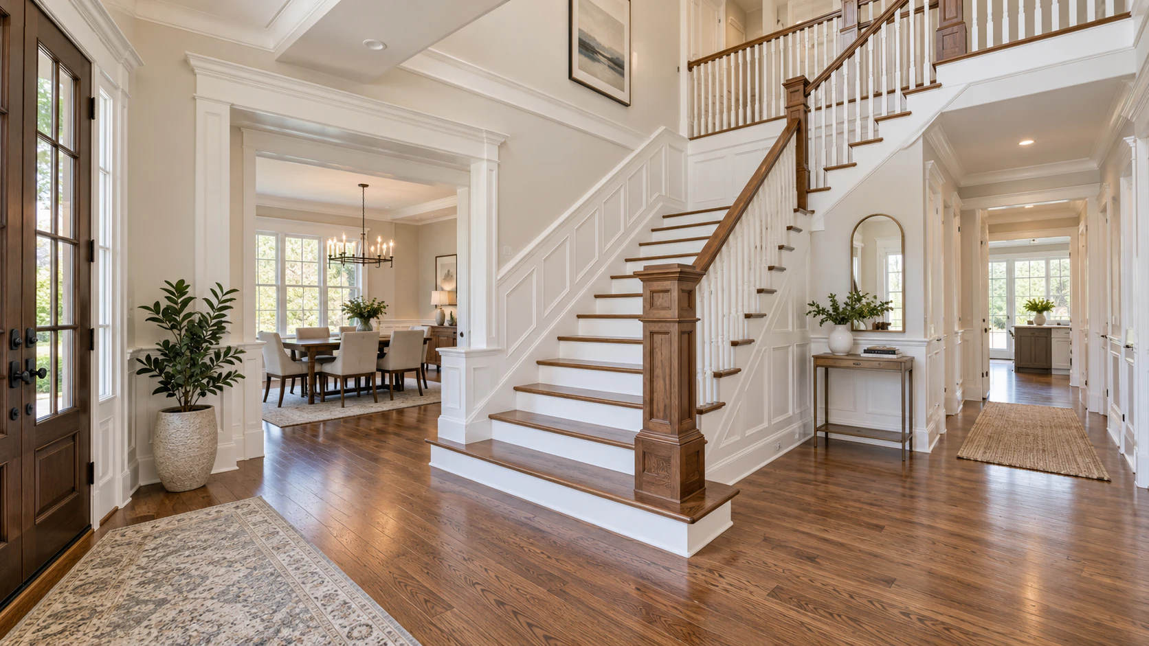 Entry hall with a staircase and detailed wood trim