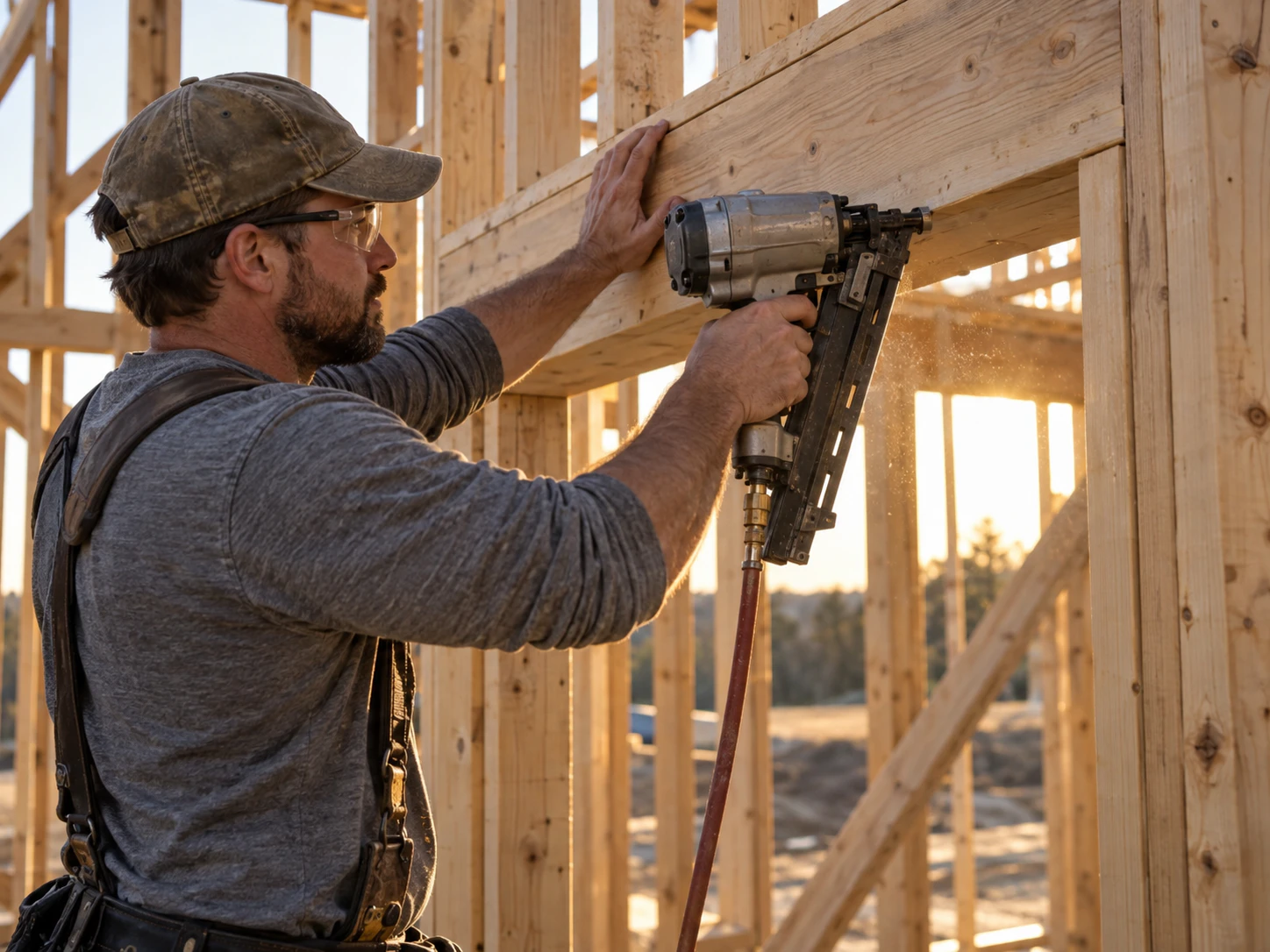 Wood framing fastened with a nail gun during construction