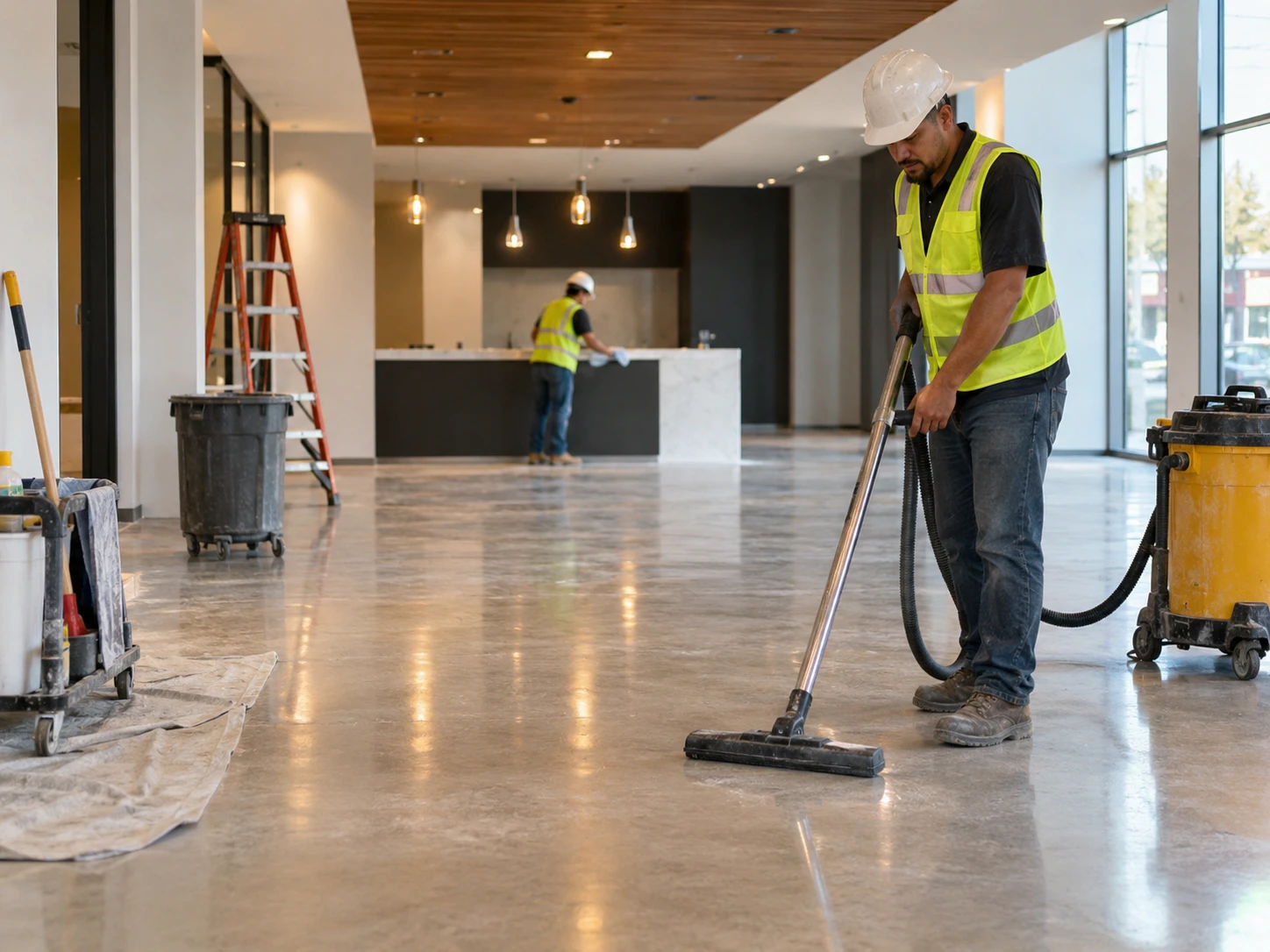 Floor cleaning machine in use across a commercial interior