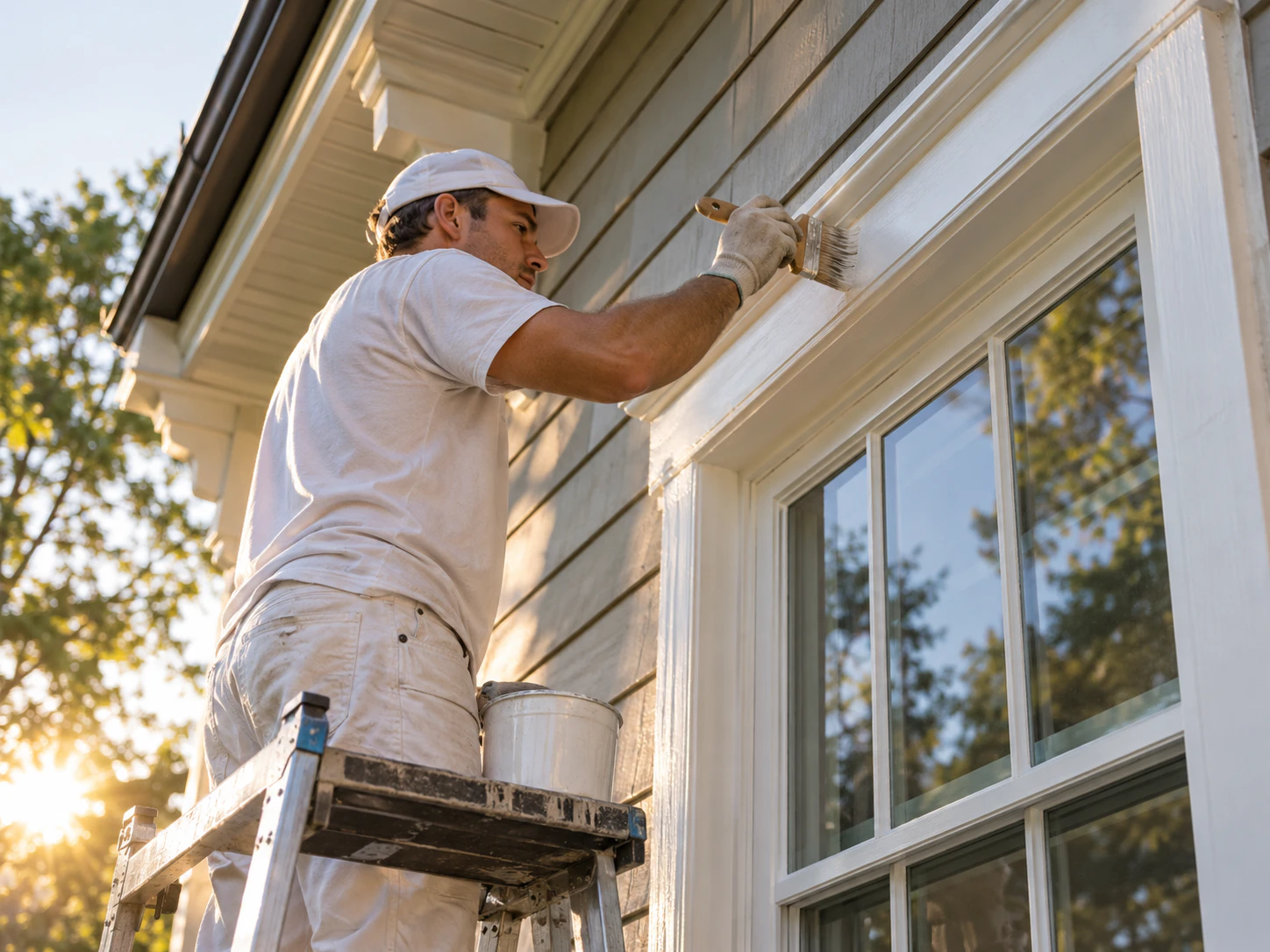 Painter finishing exterior trim from a ladder