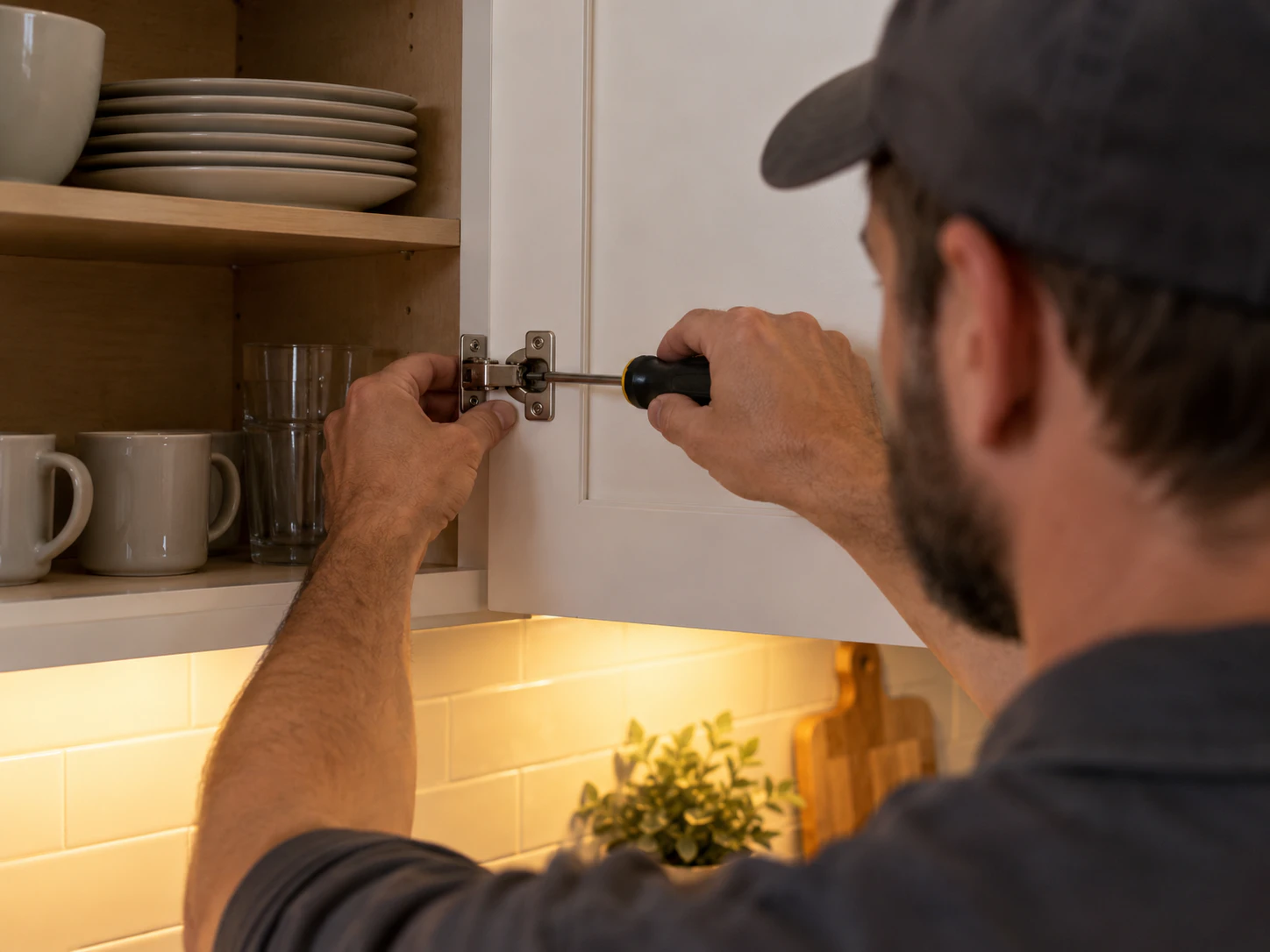 Cabinet hardware being adjusted during a small repair