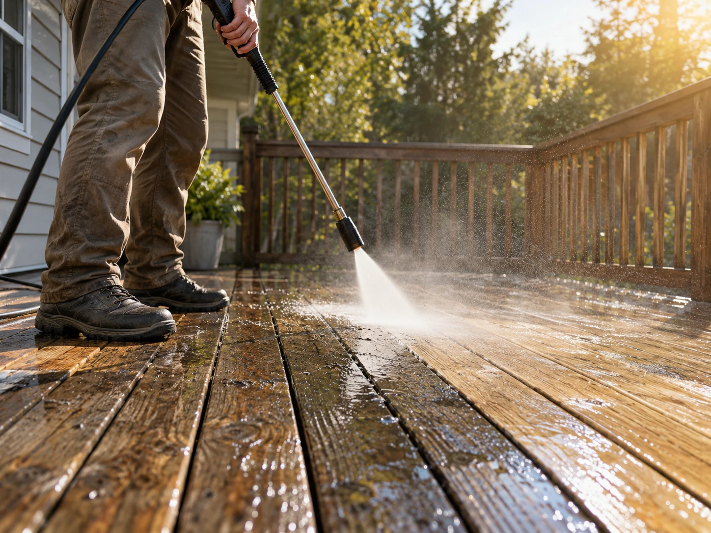 Pressure washing lifting buildup from a wooden deck