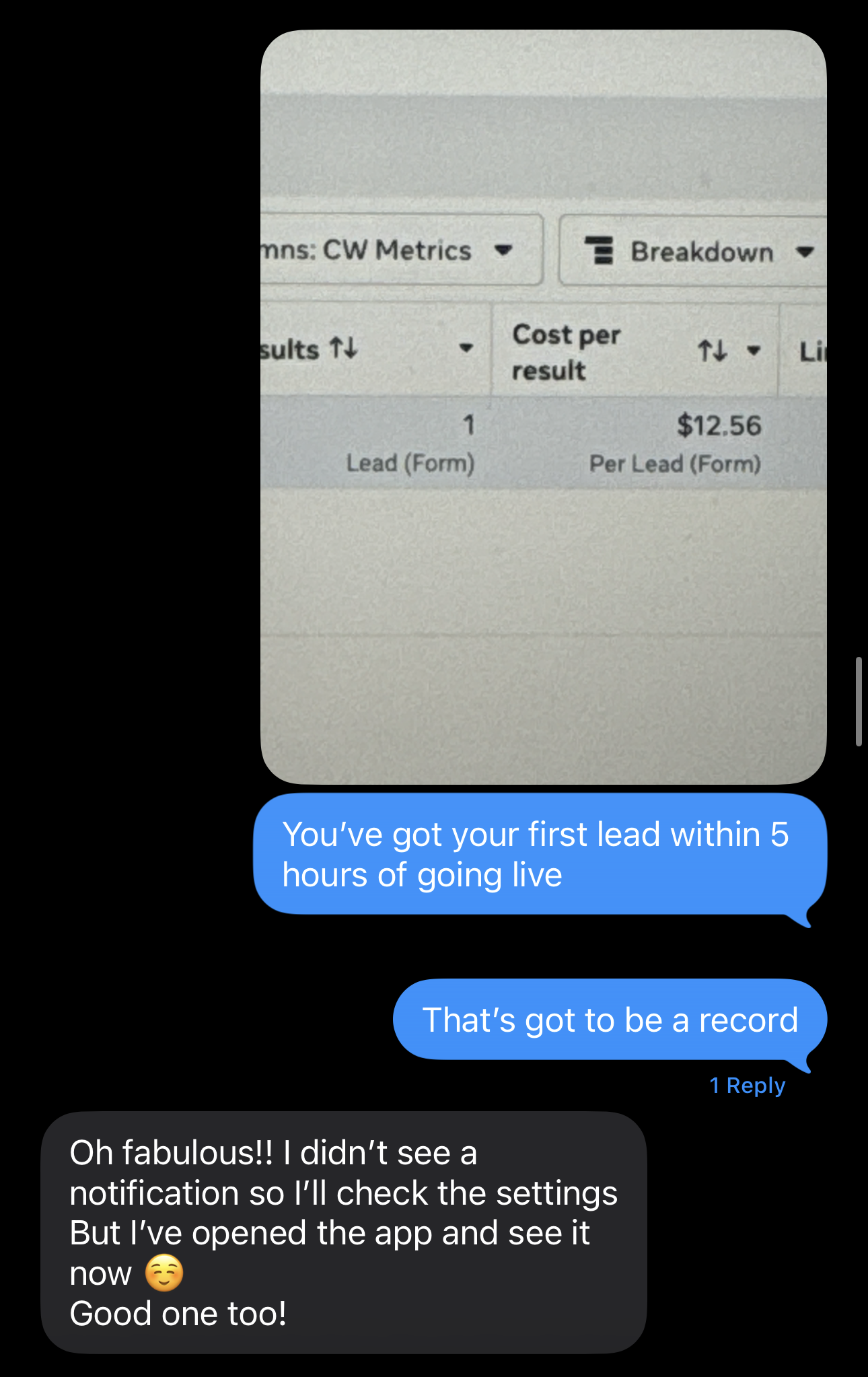Client message: first lead within five hours of the ads going live